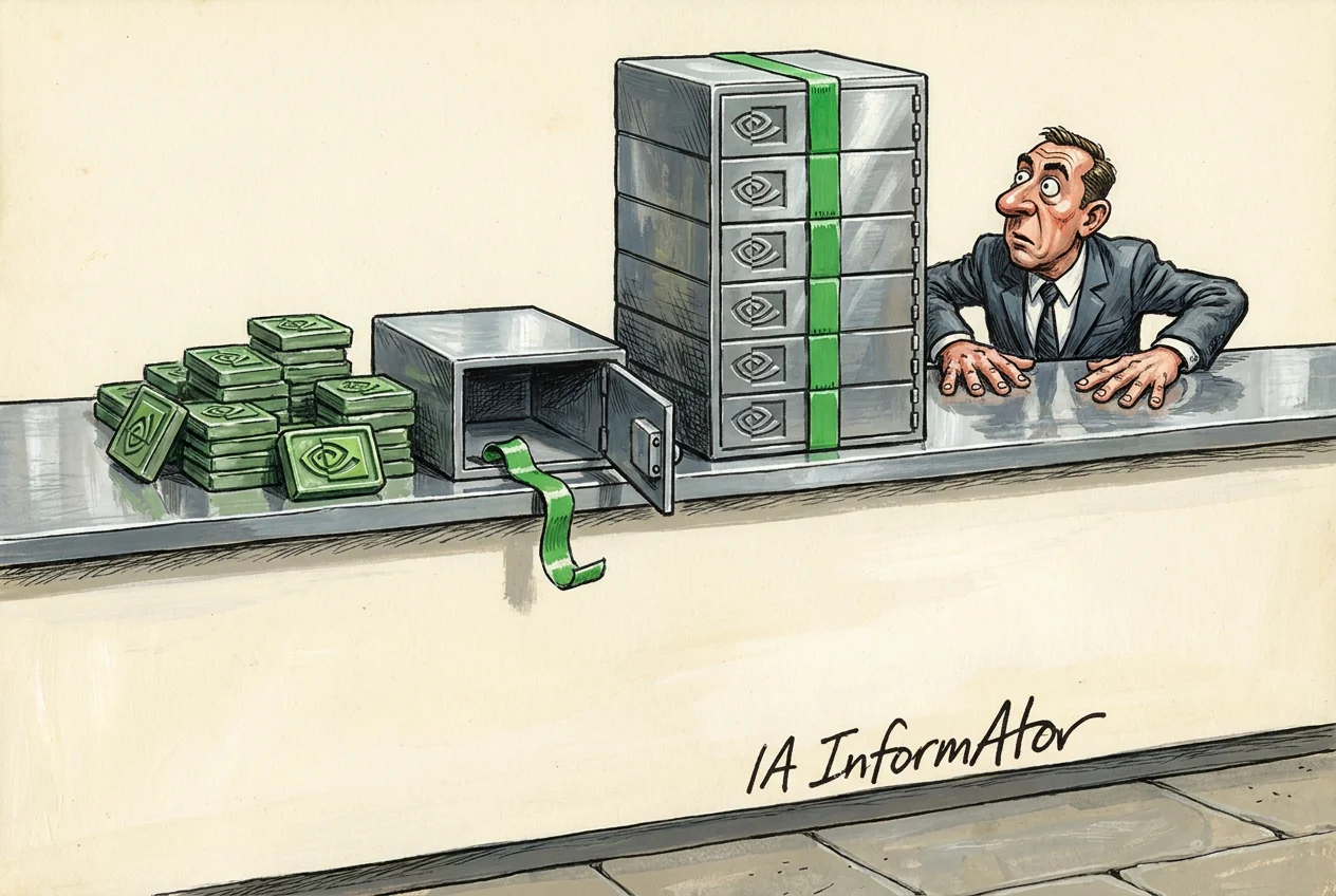 Viñeta: en una sala de caudales, dos cajas de acero juntas sobre una encimera. La de la izquierda está abierta, con la banda de precinto verde cortada y colgando del canto, y al lado un montón de piezas verdes apiladas con el ojo de Nvidia en relieve. A la derecha, una torre de cajas idénticas mucho más alta, cerrada, con el ojo de Nvidia forjado en los frentes y la banda de precinto verde cruzándola entera, sin un corte. Al fondo, un hombre de traje mira la torre precintada con las manos apoyadas en el acero.