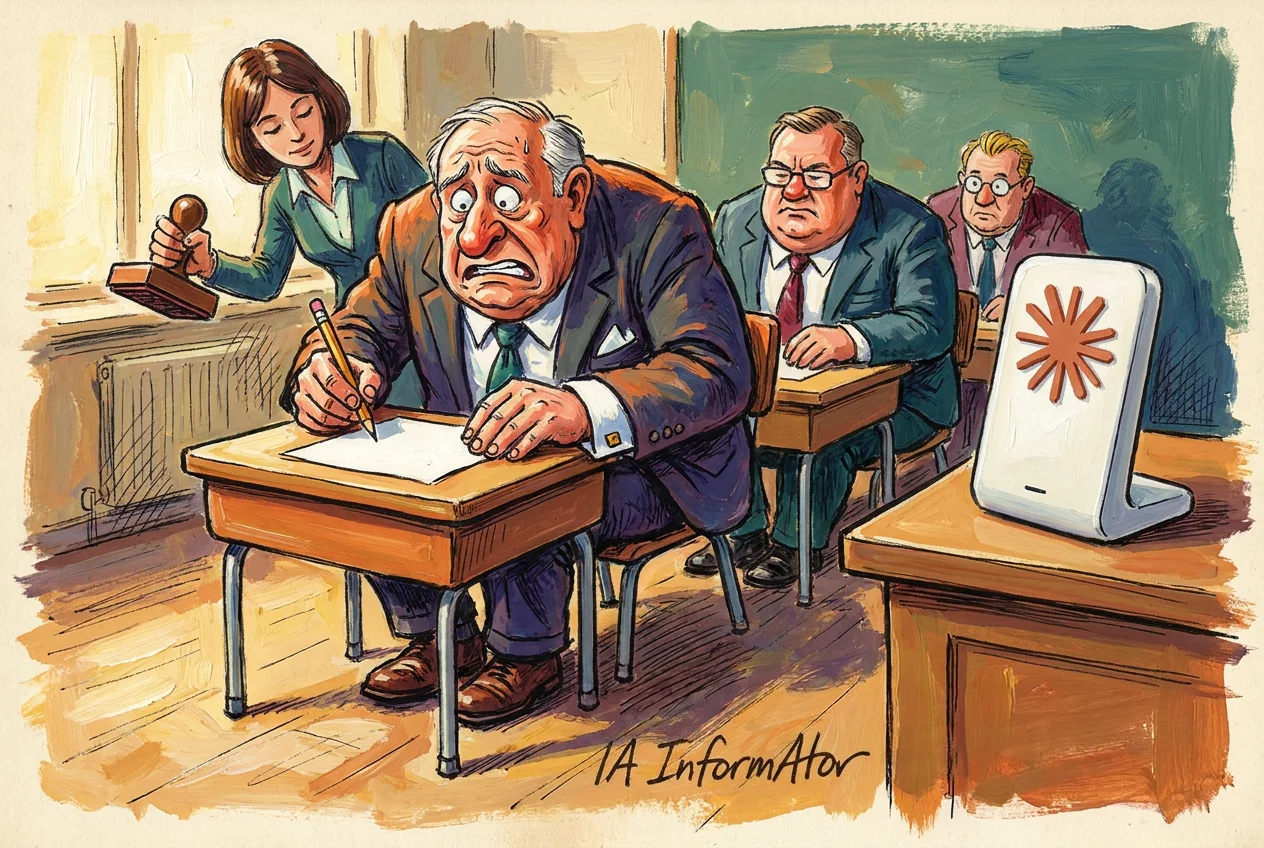 Vinyeta: en una aula, un home de cabells blancs, amb vestit i corbata, està encaixat en un pupitre de primària, amb els genolls per damunt del tauler, un llapis minúscul en una mà enorme i un full en blanc al davant, amb cara de pànic d'examen. Al darrere, a l'esquerra, una examinadora amb jaqueta verda s'inclina sobre ell sostenint enlaire un segell de fusta. A la dreta, dos homes més amb vestit esperen asseguts en pupitres igual de petits, amb els braços damunt el tauler. Sobre la taula del professor, dret, un aparell blanc i llis duu a la cara l'estrella terracota de Claude.