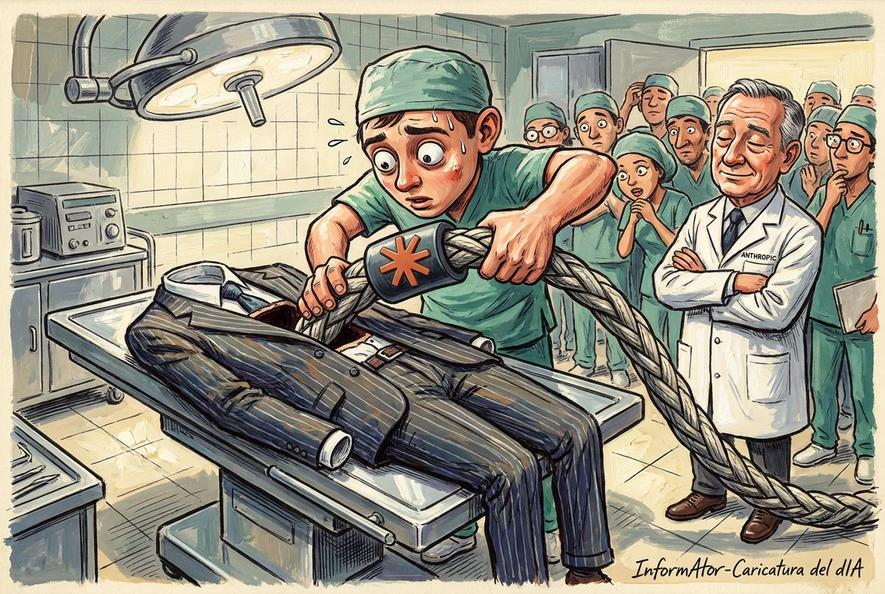 Vinyeta: en un quiròfan docent, estirat damunt la taula d'operacions i tapat amb un llençol, un vestit de ratlla diplomàtica completament buit —americana, camisa i corbata, sense cos a dins—. Un resident jove, suant i amb els ulls molt oberts, li introdueix al pit un cable trenat gruixudíssim, el collar del qual duu en relleu l'estrella terracota de Claude. Al fons, una colla de residents es treu el cap els uns per damunt dels altres, i a la dreta un adjunt amb bata blanca assenteix amb els braços creuats.