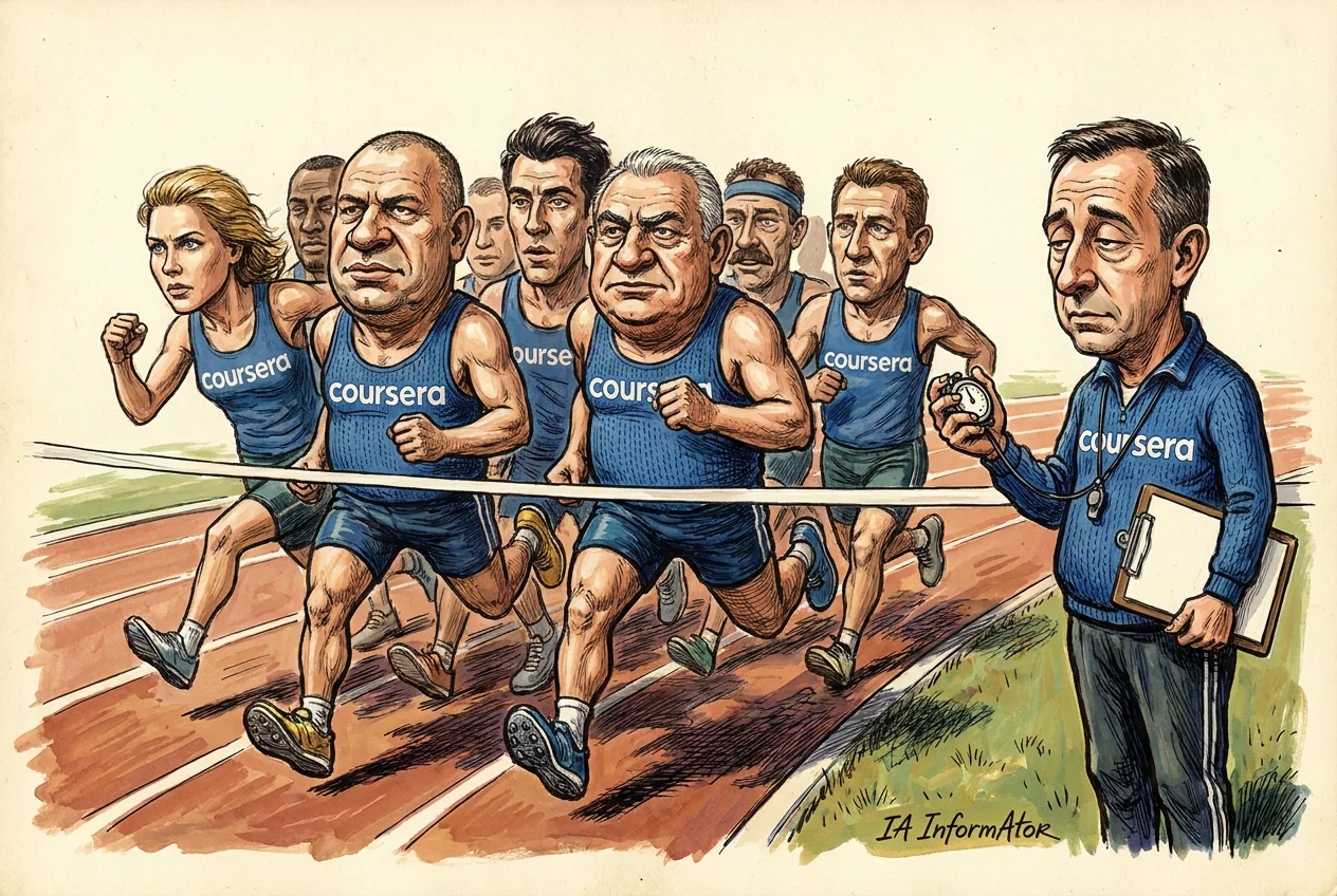 Vinyeta: un pilot de corredors adults creua la cinta de meta d'una pista d'atletisme, tots amb la mateixa samarreta blava amb la paraula «coursera» teixida al pit. A la dreta, amb aquesta mateixa samarreta posada, l'entrenador sosté un cronòmetre en una mà i duu sota el braç una tauleta amb el full en blanc.