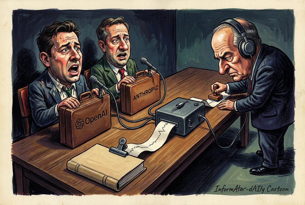 Cartoon of a dimly lit interrogation room where two executives in suits sweat and talk over each other into their own microphones, each with a brown leather briefcase standing on the table: the one in front reads OpenAI and the one behind, ANTHROPIC. Cables run from both briefcases to a grey polygraph in the middle of the table, whose needle traces a jagged line on a paper tape; the tape falls towards the foreground and ends clipped to a thick blank dossier. On the right, an older man in a dark suit wearing monitoring headphones leans in and presses a rubber stamp onto the far end of the tape.