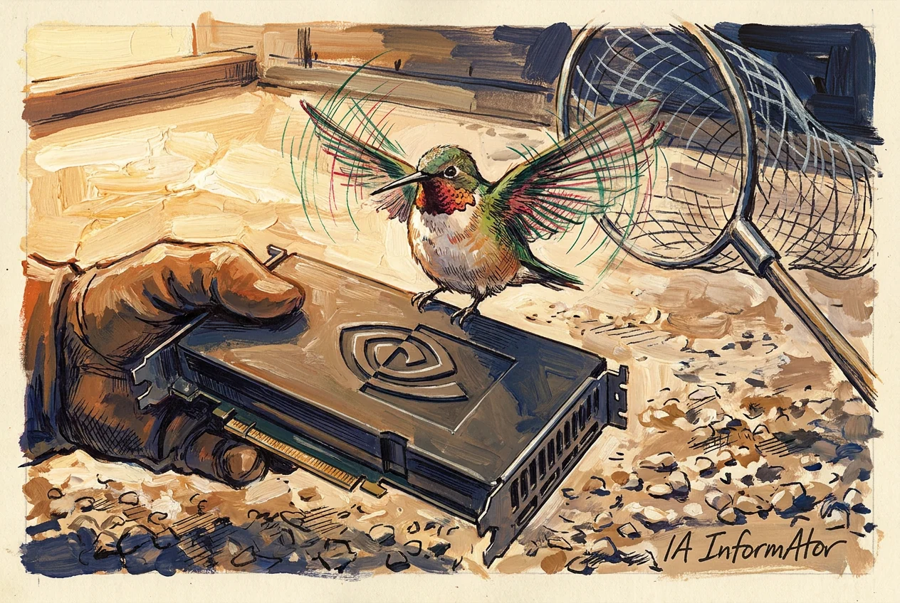 Viñeta: en un suelo de tierra y grava, una tarjeta gráfica negra con el logotipo de Nvidia en relieve sobre la carcasa está tirada boca arriba; encima, posado en el canto, un colibrí diminuto de garganta roja y alas verdes batiendo. A la izquierda, una mano enguantada en cuero marrón se acerca por el suelo; a la derecha, un cazamariposas de aro grande y red blanca entra en el encuadre desde arriba.