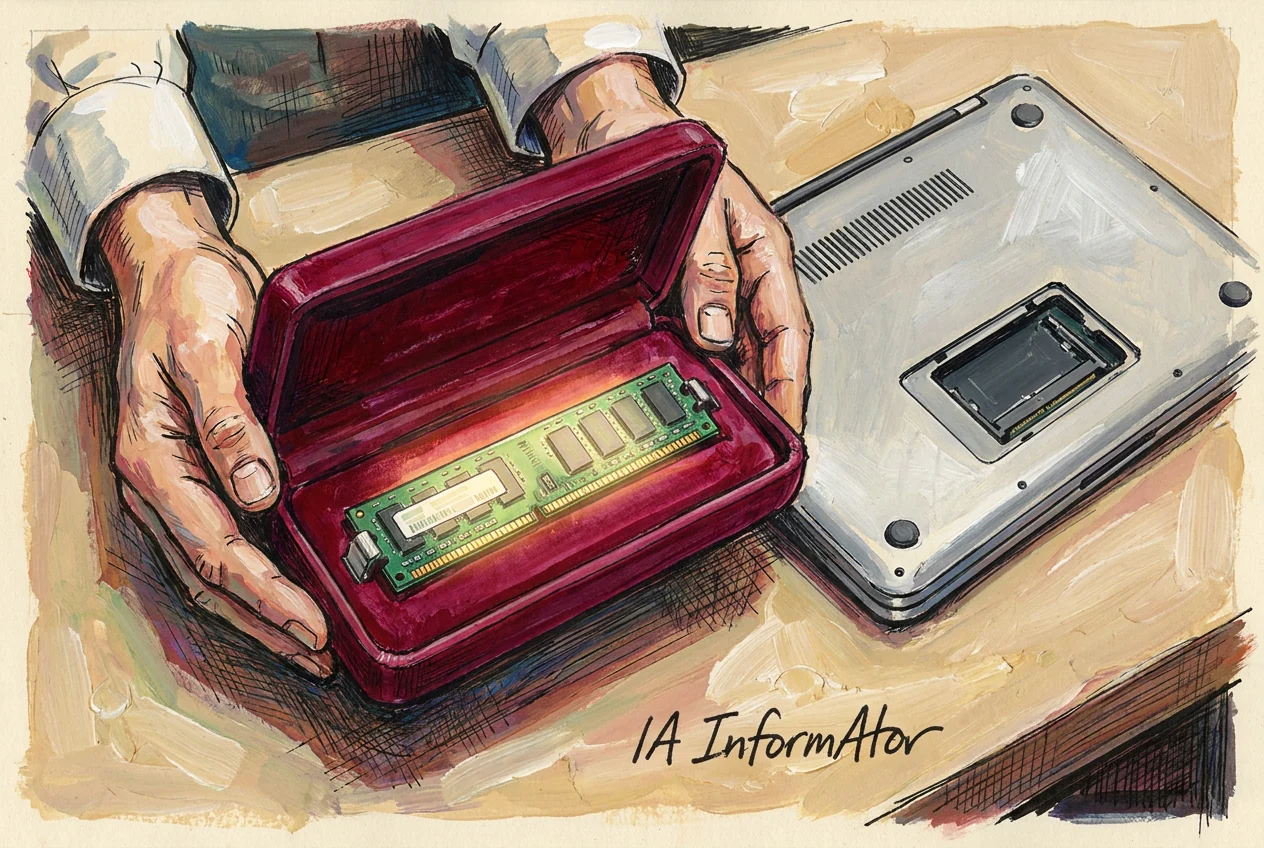 Vinyeta: dues mans d'home sostenen obert, com si fos un estoig de joieria, un cofre entapissat de vellut granat; a dins, encaixat al buit del coixinet, hi reposa un mòdul de memòria RAM verd amb els seus xips i la seva etiqueta blanca, il·luminat com una joia. A la dreta, damunt la taula de fusta clara, un ordinador portàtil platejat de cap per avall amb la tapa de la badia de memòria treta i el sòcol a la vista.