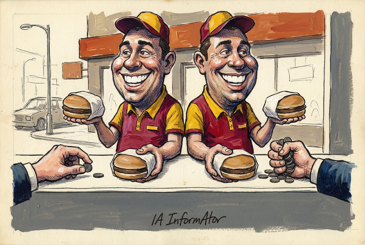 Vinyeta: al taulell d'una hamburgueseria, dos empleats idèntics amb gorra i polo vermell i groc somriuen alhora i ofereixen cadascun la mateixa hamburguesa embolicada amb paper; davant de cadascun hi ha una altra hamburguesa igual damunt el taulell. Per l'esquerra entra la mà d'un client amb vestit que hi deixa un parell de monedes soltes; per la dreta, la mà d'un altre client amb vestit estreny i deixa anar un munt de monedes molt més alt.