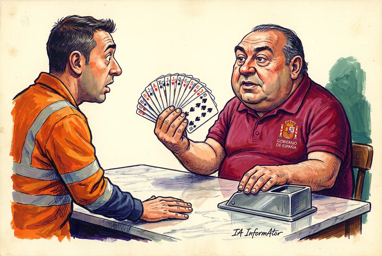 Viñeta: dos hombres sentados a una mesa de mármol, frente a frente. A la izquierda, un trabajador con chaqueta naranja de alta visibilidad y bandas reflectantes abre la boca con cara de asombro y tiene las manos apoyadas en la mesa, vacías. A la derecha, un hombre corpulento con polo granate del Gobierno de España, con el escudo bordado en el pecho, enseña abierto en abanico un mazo entero de cartas boca arriba, mientras con la otra mano aprieta contra la mesa un dispositivo metálico plano.