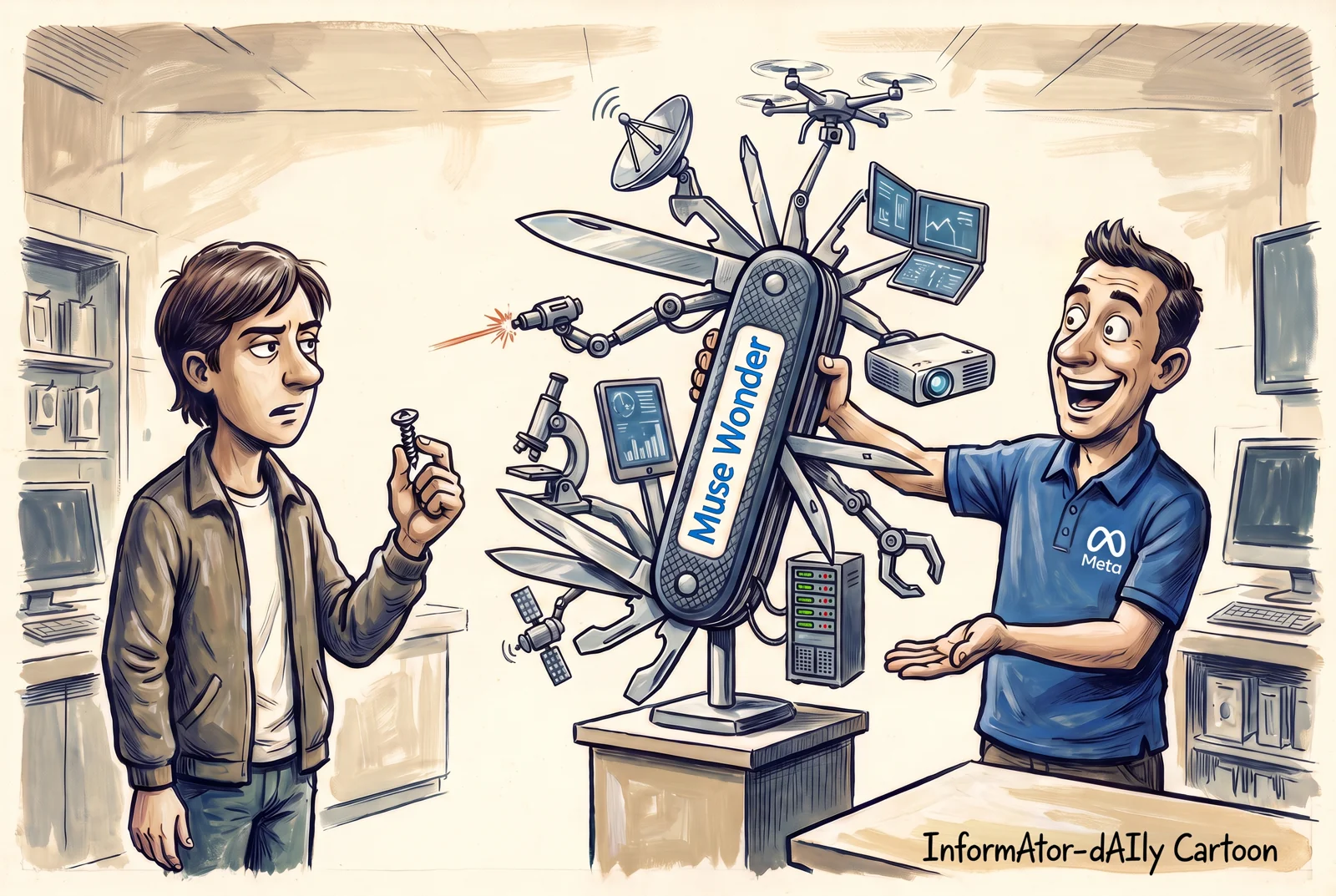 Cartoon of an oversized multitool missing the screwdriver that is needed.