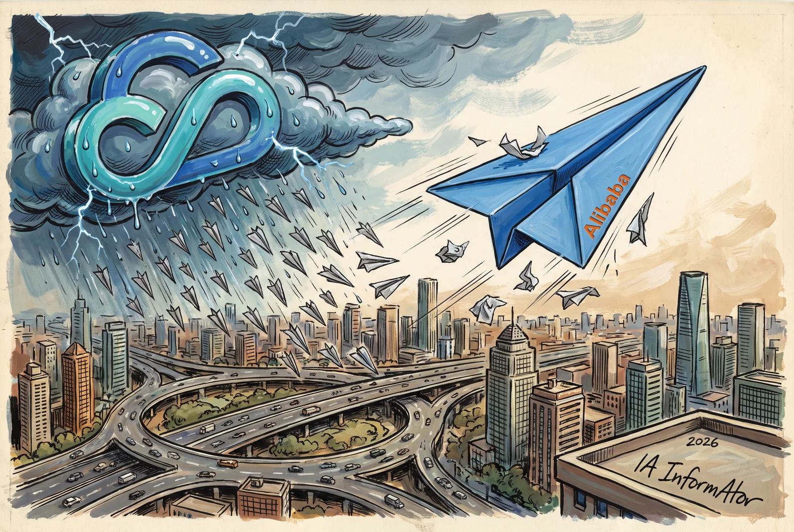 Il·lustració: sobre una ciutat xinesa amb autopistes en nus, un nuvolot amb la forma del logotip de Tencent Cloud descarrega una pluja de dards de paper contra un gran avió de paper blau d'Amap amb la marca d'Alibaba, que continua pujant mentre els dards s'arruguen i cauen.