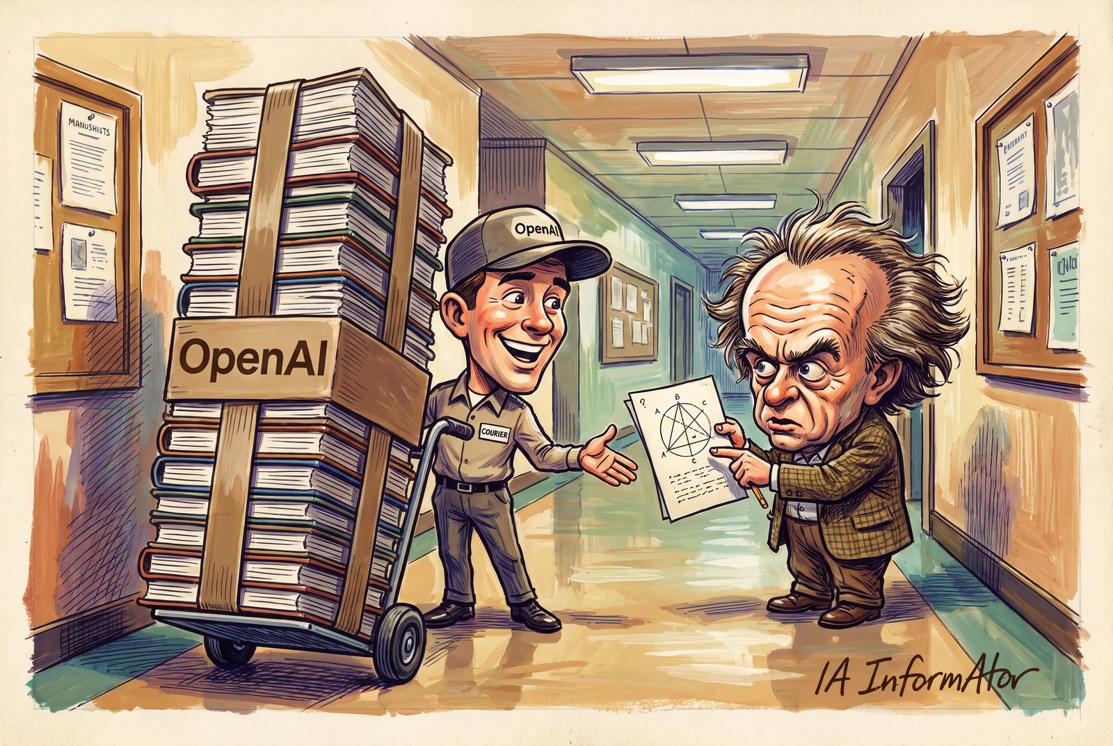 Viñeta: un repartidor de OpenAI llega con una carretilla de manuscritos mientras un matemático señala una figura geométrica en una sola hoja.