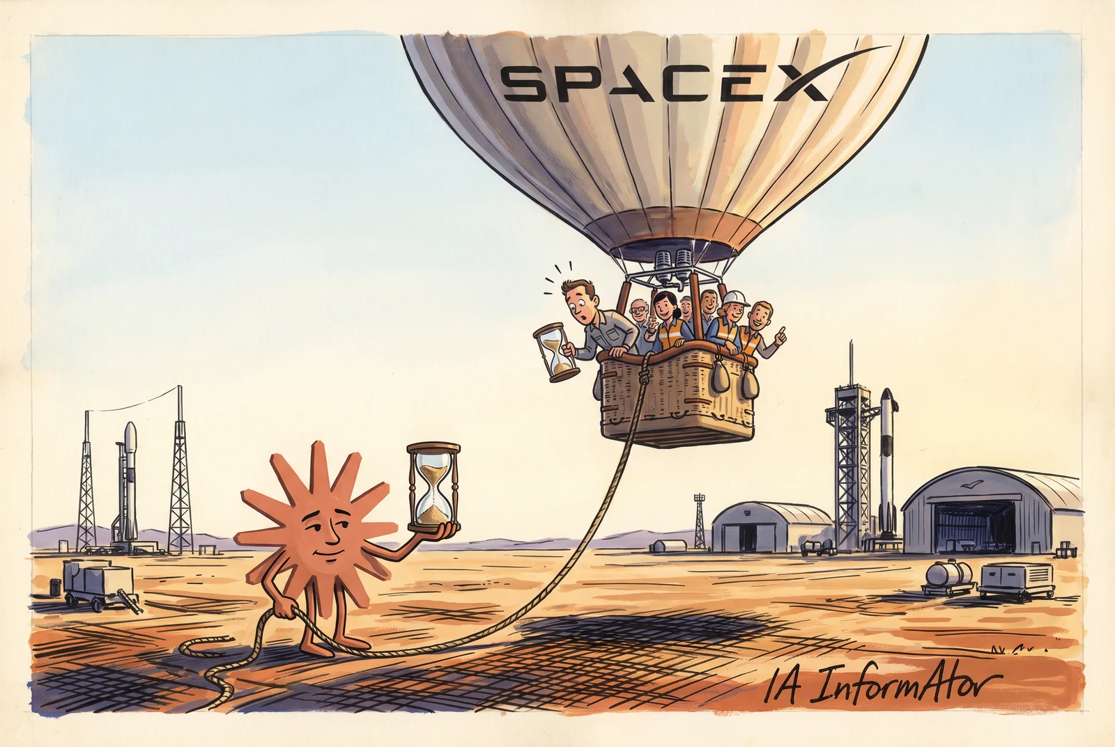 En una base de llançament, entre torres, coets i hangars, un globus aerostàtic amb el rètol de SpaceX s'enlaira amb una cistella plena d'enginyers; l'únic cap que el lliga a terra el té el destell de Claude, convertit en personatge, que a l'altra mà sosté un rellotge de sorra, mentre des de la cistella un home treu el cap inquiet amb un altre rellotge de sorra.