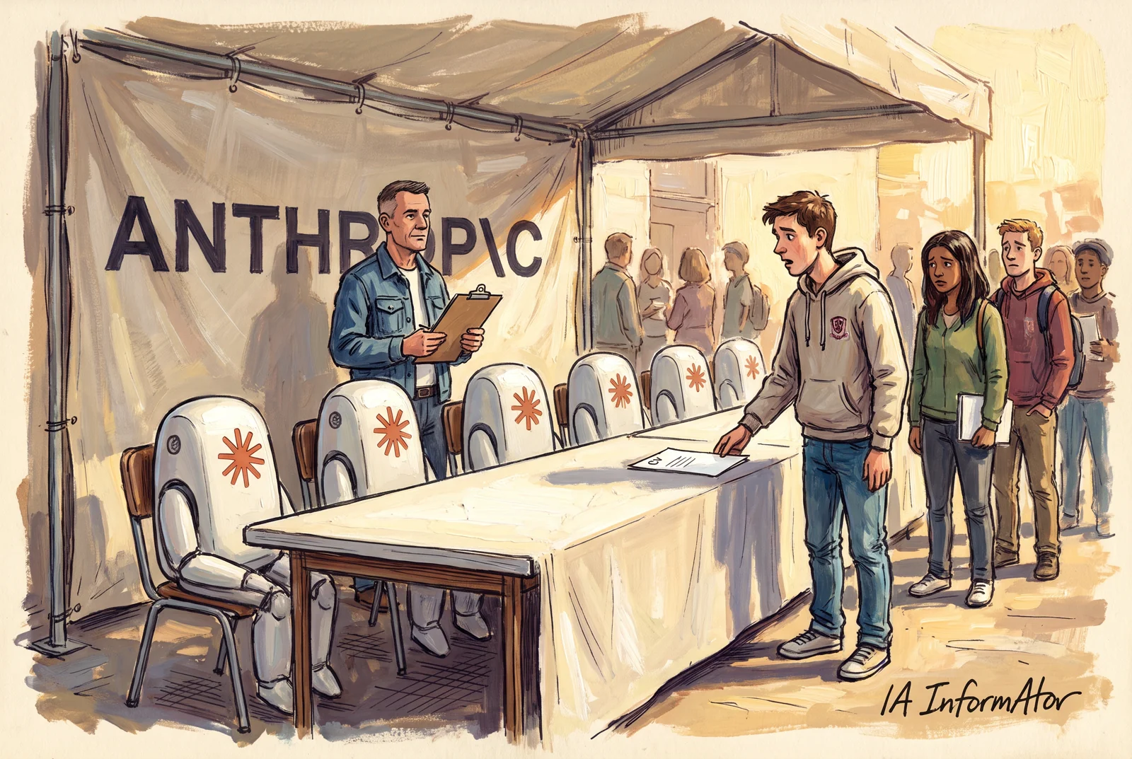 Il·lustració: a l'estand d'Anthropic d'una fira d'ocupació, totes les cadires darrere la taula les ocupen unitats blanques amb l'espurna de Claude i un veterà amb carpeta les supervisa; un acabat de titular deixa el currículum damunt la taula sense lloc on seure, seguit d'una cua de joves desanimats.
