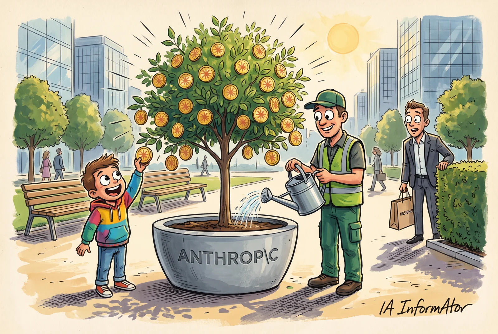 Il·lustració: en un parc públic entre gratacels, un arbre plantat en un test amb el rètol d'Anthropic dona monedes d'or; un nen n'agafa una, un jardiner el rega i, guaitant darrere d'una tanca vegetal, un directiu amb una bossa de compres mira sorprès. Representa el fons de benefici públic al qual Anthropic destina part de les seves accions.