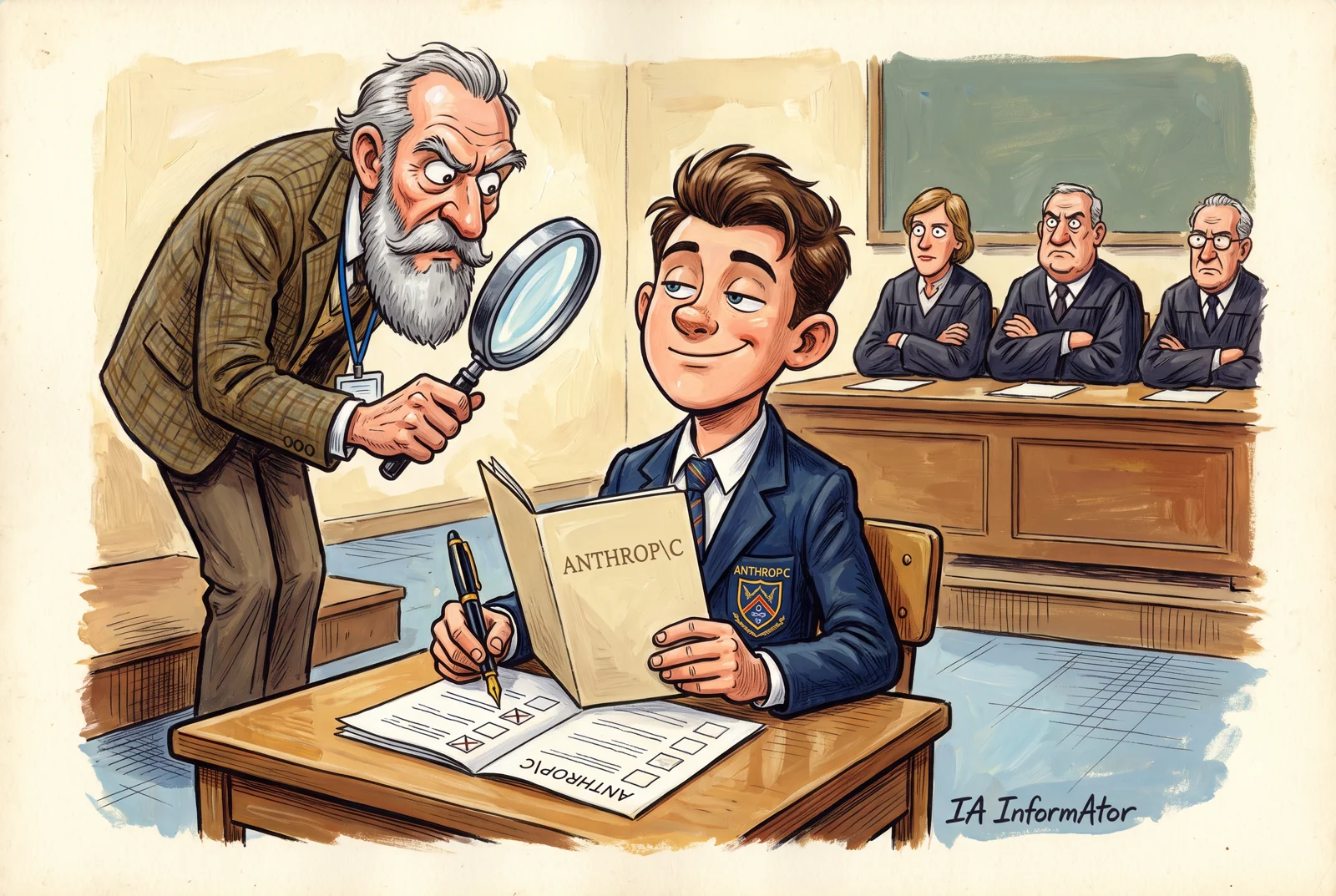Il·lustració: un alumne amb el logotip d'Anthropic a l'escut de la jaqueta omple el seu propi butlletí de notes, també amb la marca d'Anthropic, mentre un físic de barba blanca l'examina amb una lupa i, al darrere, un tribunal observa amb els braços plegats. Representa el primer informe de benefici públic d'Anthropic, en què es posa nota a si mateixa davant el seu fideïcomís.