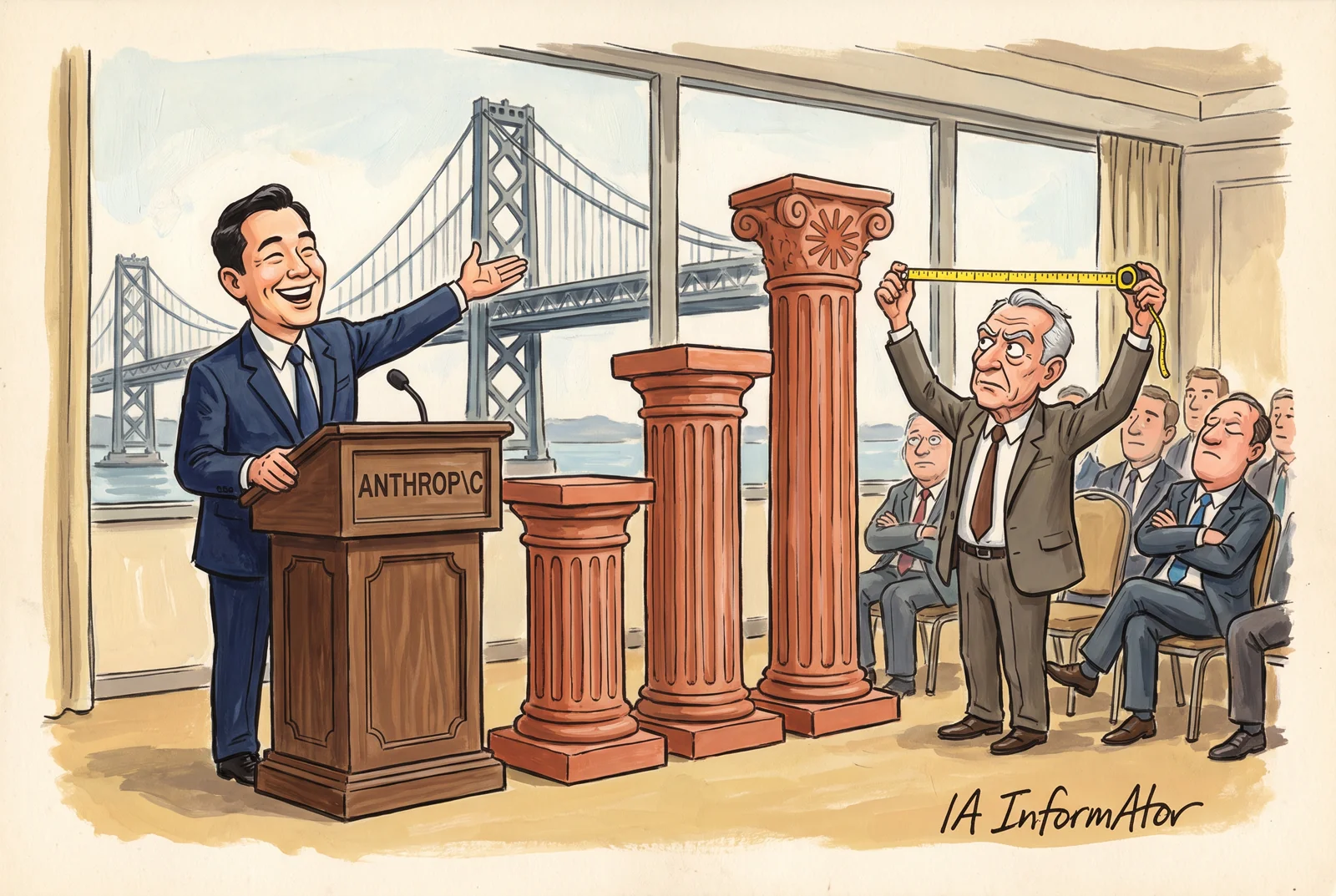 Ilustración: un portavoz de Anthropic presume ante inversores de tres columnas cada vez más altas, con un puente colgante tras la ventana, mientras un inversor mide con una cinta métrica la poca diferencia entre las dos últimas.