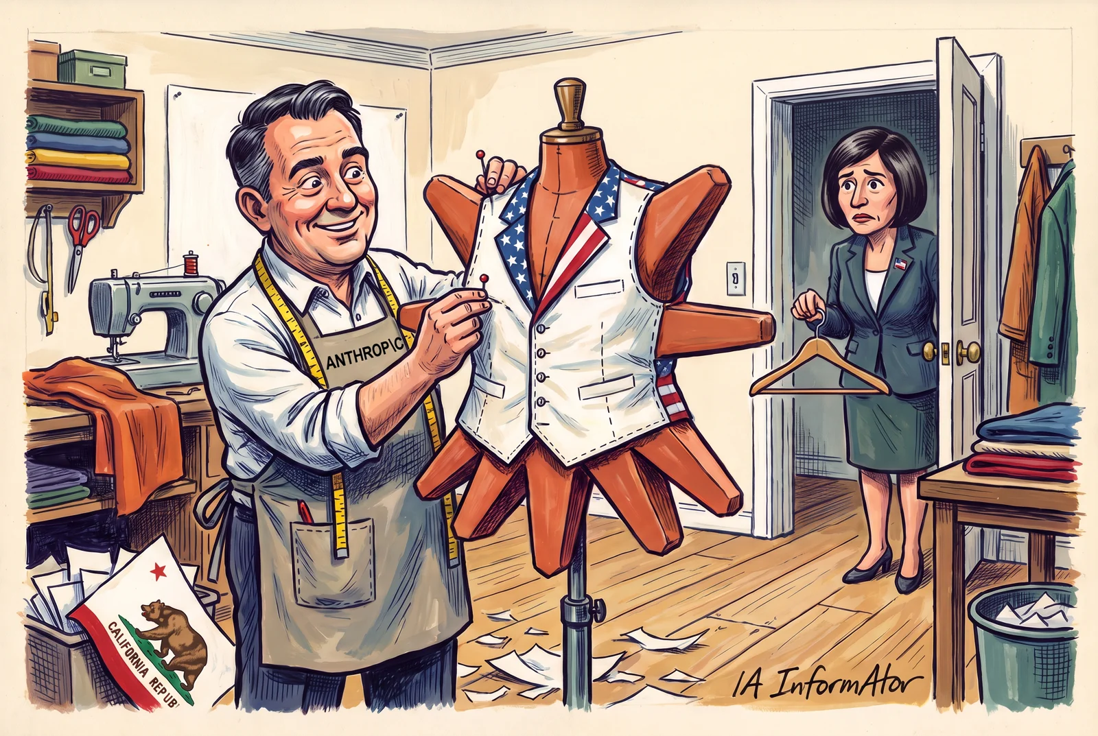 Il·lustració: un sastre amb davantal d'Anthropic ajusta, somrient, una armilla amb la bandera dels EUA a un maniquí amb forma de l'espurna de Claude; a la porta, una legisladora espera amb un penjador buit i, a la paperera, treu el cap la bandera de Califòrnia.