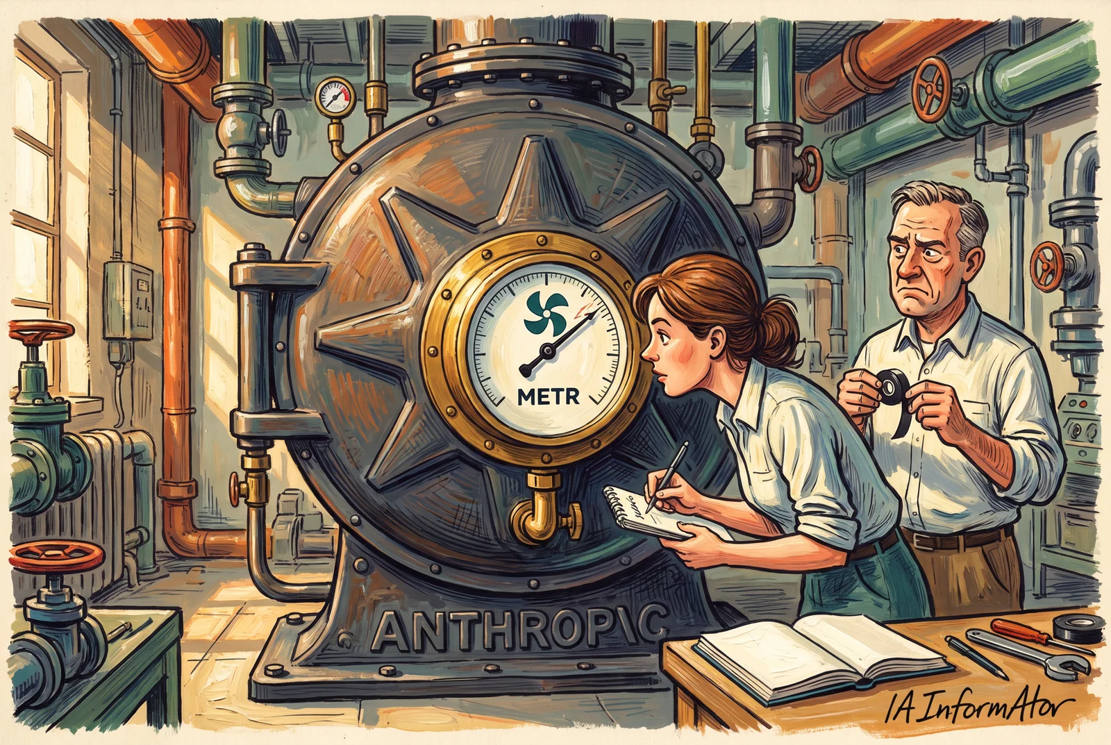 Ilustración: en una sala de calderas, una evaluadora toma notas ante un manómetro de METR atornillado en una caldera con el nombre de Anthropic, mientras un ingeniero sostiene un rollo de cinta aislante.