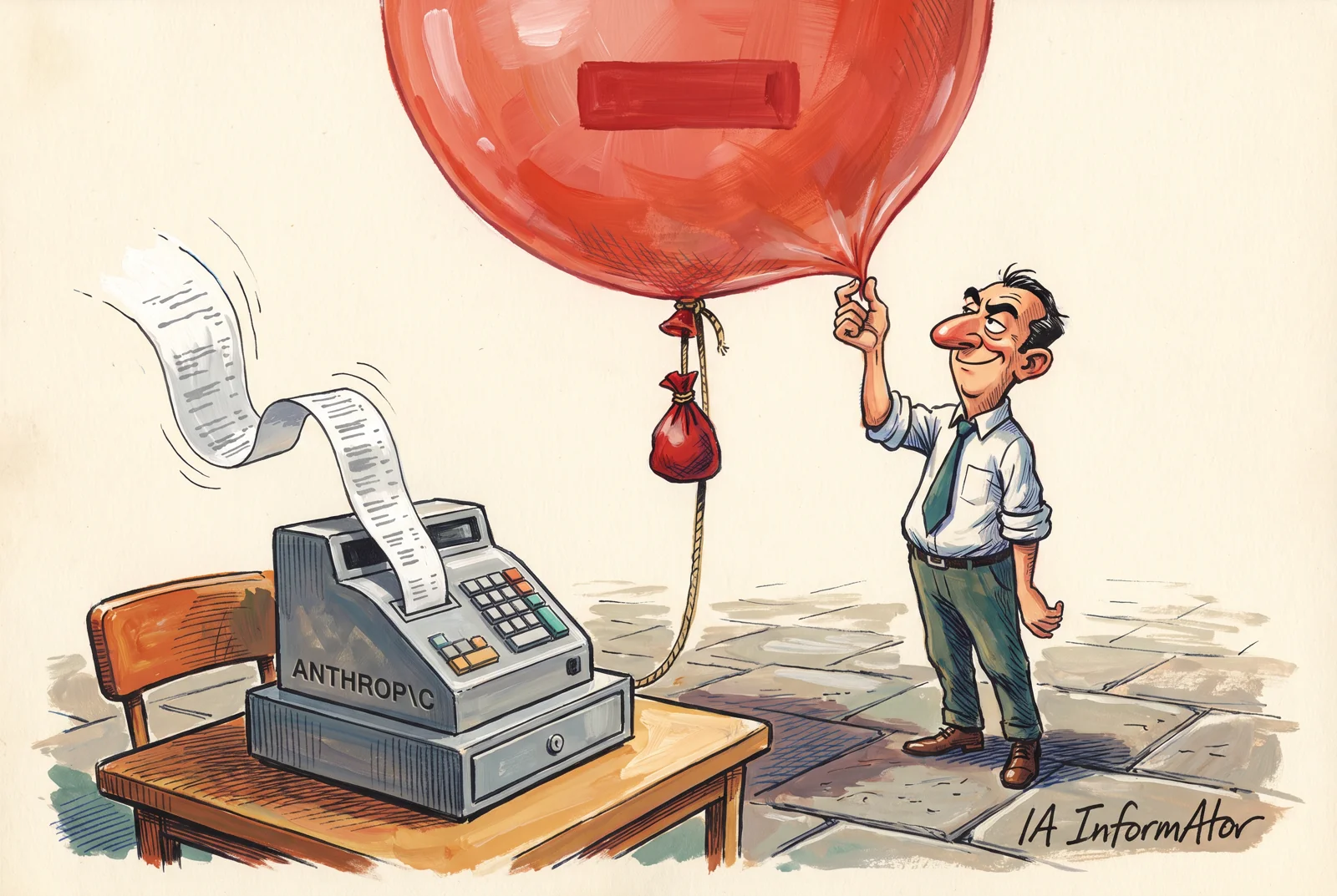 Ilustración: un contable con corbata pellizca con dos dedos un enorme globo rojo con forma de signo menos, casi todo aire y con un único saquito de lastre colgando, atado con una cuerda a una caja registradora con el logotipo de Anthropic que no deja de imprimir tique. Representa unas pérdidas enormes que son casi todas apunte contable frente a unos ingresos que siguen entrando en caja.