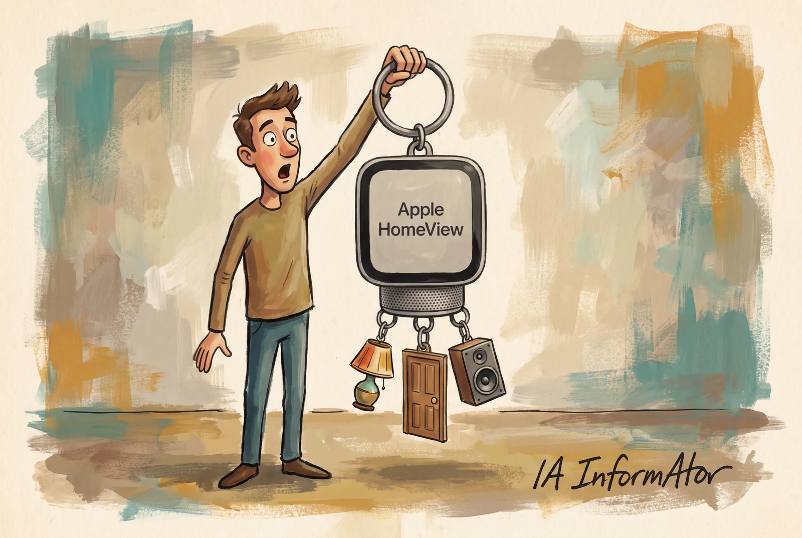 Ilustración de una persona que sostiene un gran llavero HomeView del que cuelgan una lámpara, una puerta y un altavoz.