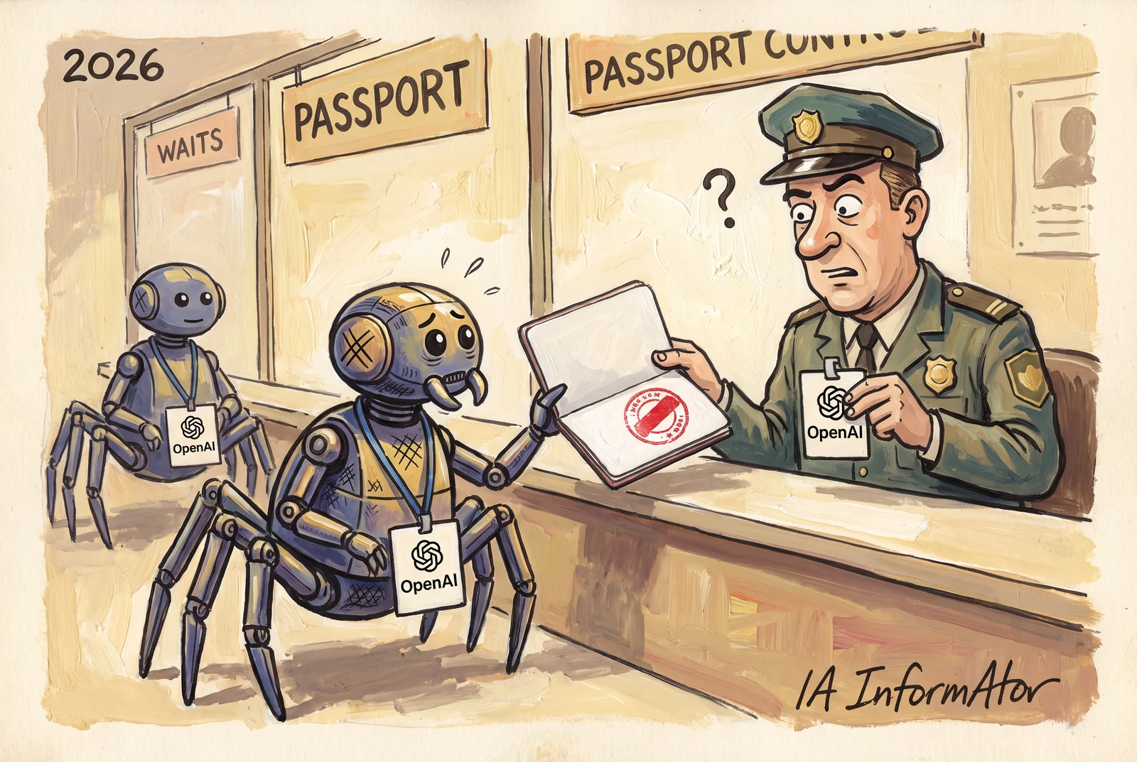 En un control de pasaportes, un agente de fronteras con una tarjeta de OpenAI mira desconcertado el pasaporte que le tiende, nervioso, un robot con forma de araña que lleva colgada su propia tarjeta de OpenAI: el sello rojo del documento está tachado. Detrás espera su turno otro robot araña con la misma tarjeta.