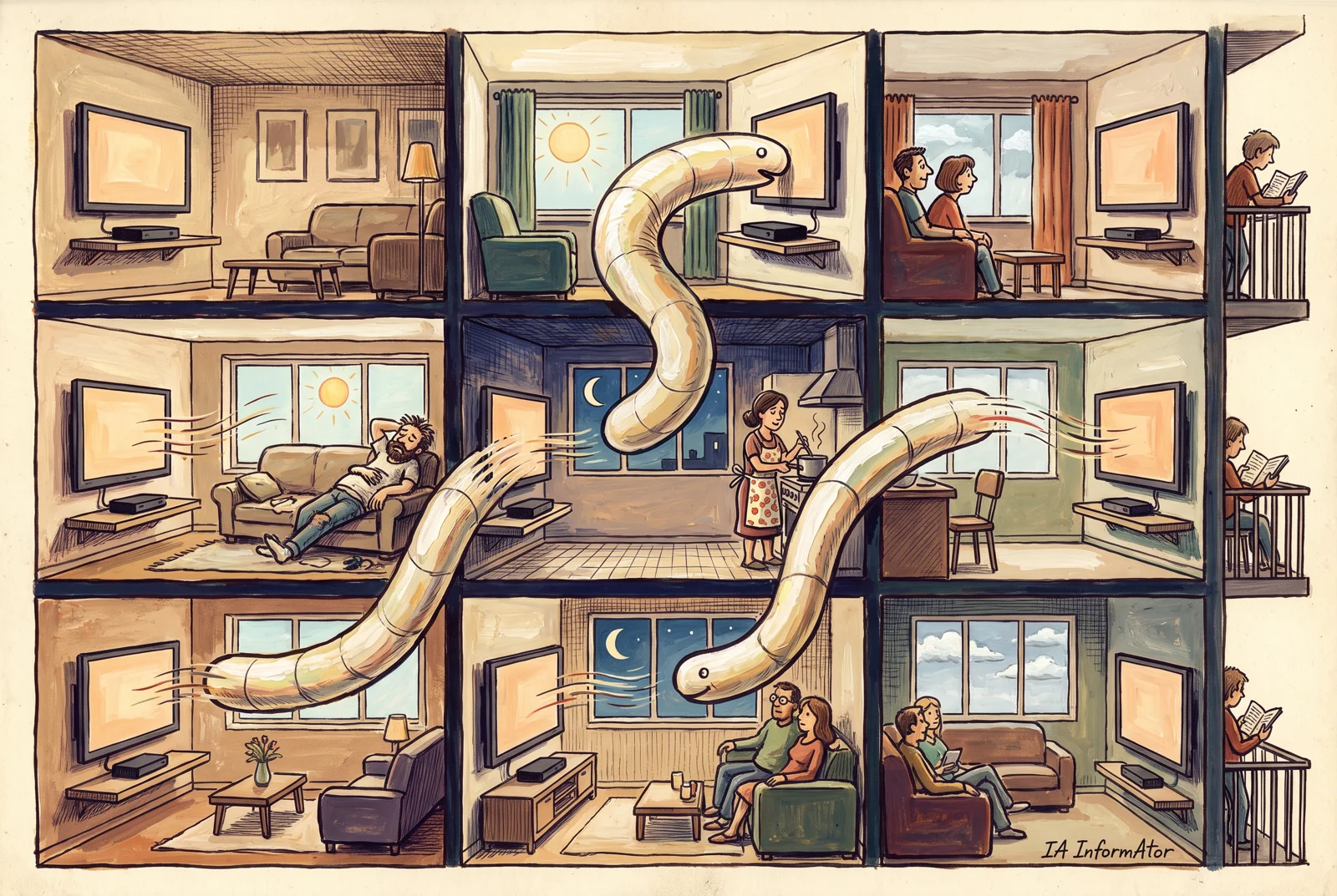 Ilustración: un bloque de pisos abierto como una casa de muñecas, con una tele en cada salón, por el que un gusano blanco pasa de pantalla en pantalla; por las ventanas se suceden el día y la noche mientras los vecinos siguen con su vida. Representa cómo un gusano de IA saltaría, despacio, de un aparato barato a otro.
