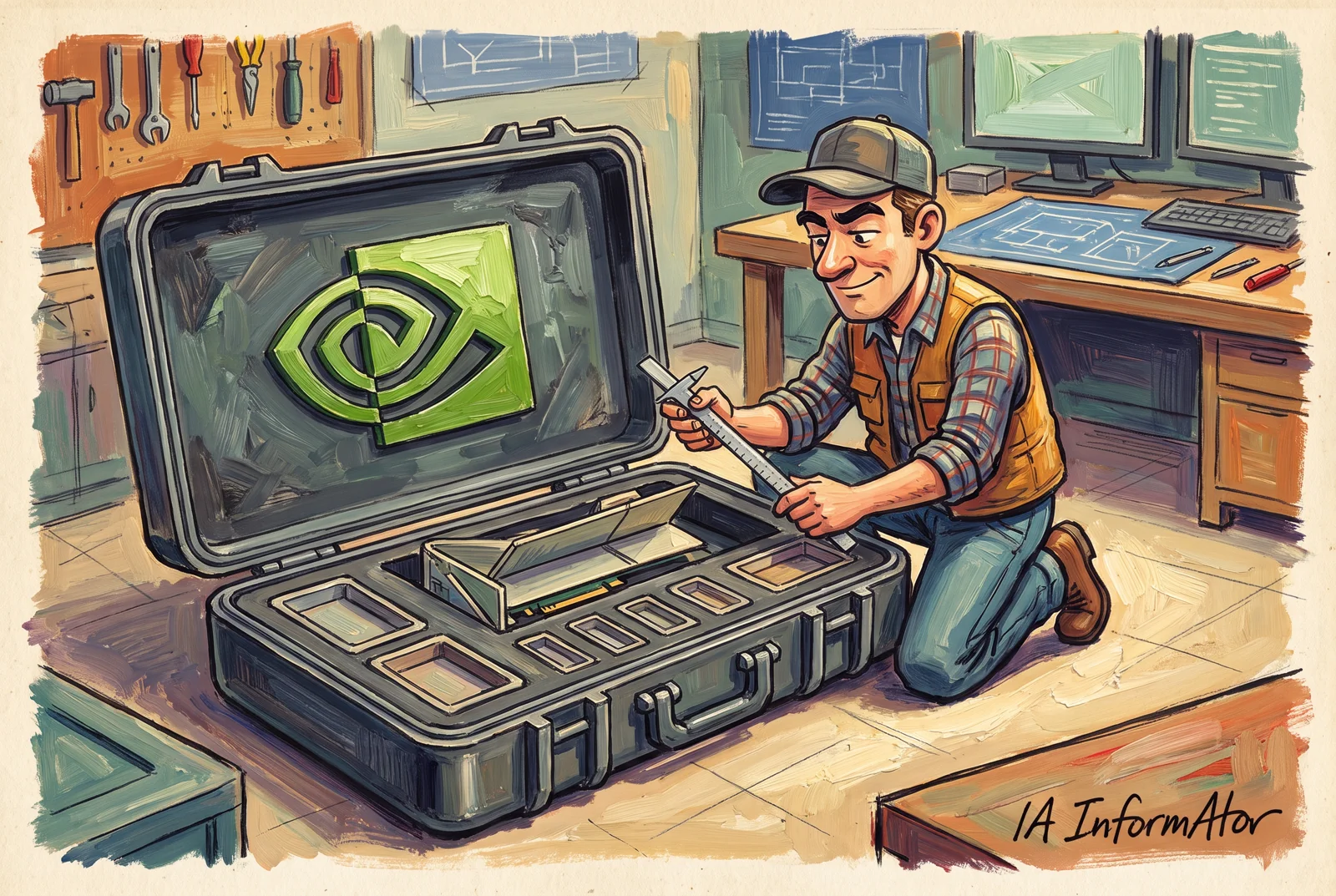 Un técnico mide con un calibre los compartimentos de una maleta con el emblema de Nvidia.