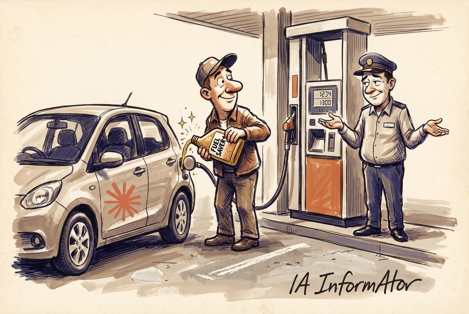 En una benzinera, un home amb gorra aboca amb orgull al dipòsit d'un cotxe petit, amb el destell de Claude pintat a la porta, un bidó d'additiu «Fuel Saver», mentre l'empleat de la benzinera, al costat del sortidor, obre les mans amb un somriure escèptic.