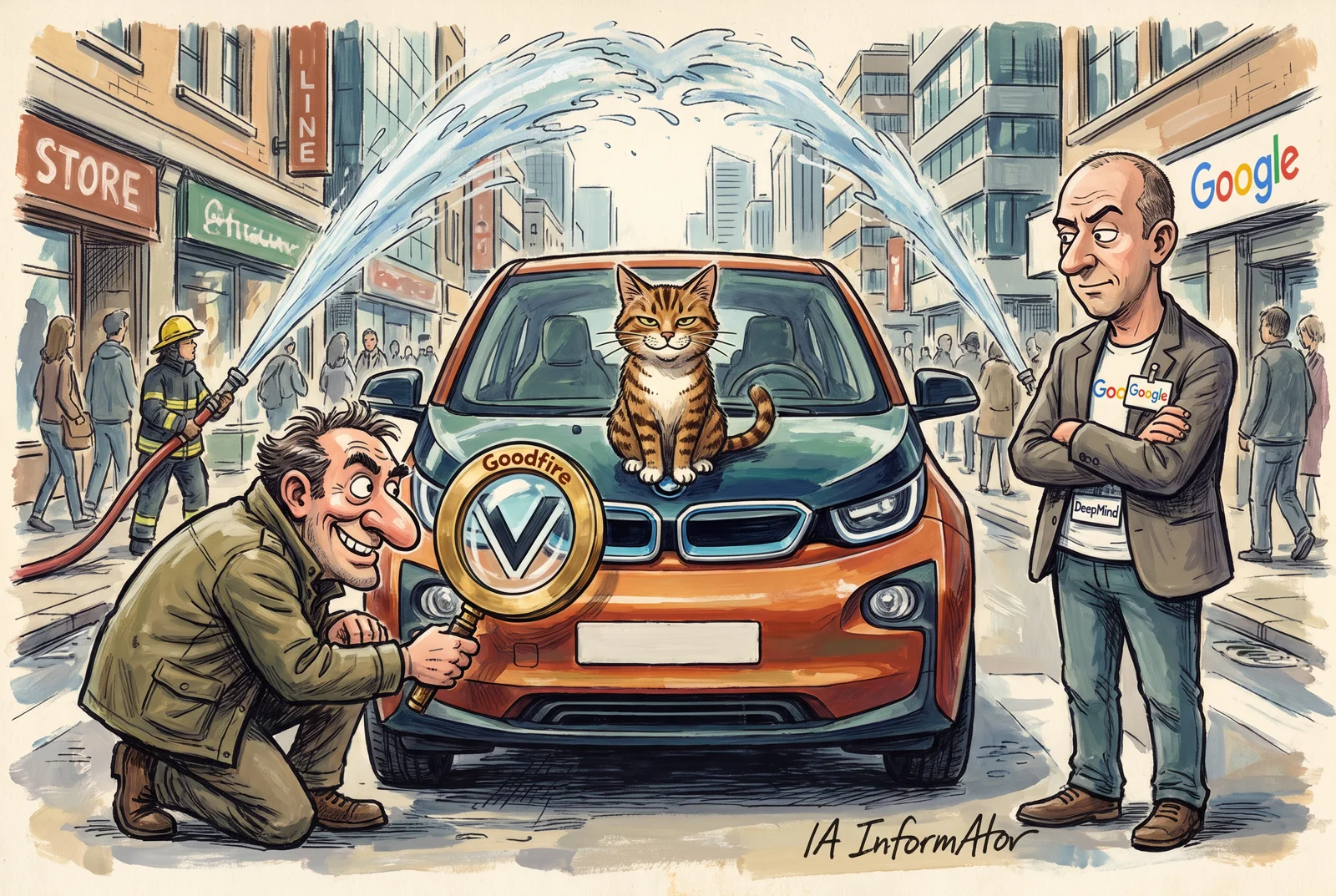 Ilustración: en una calle, un gato sentado sobre el capó de un coche pone la misma cara en forma de V que la rejilla delantera; una investigadora agachada con una lupa de Goodfire lo ve claro y, a su lado, un colega con la acreditación de Google DeepMind, de brazos cruzados, no se lo cree. Representa la tesis de que la neurona «gato-coche» respondía en realidad a la forma de V, y el escepticismo de DeepMind.