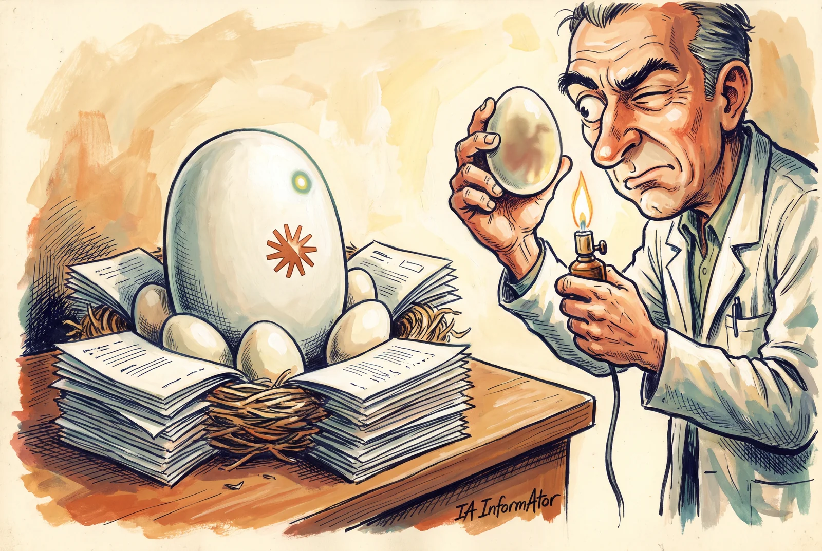 Il·lustració: un ou blanc amb l'espurna de Claude cova sobre un niu d'exàmens mentre un científic mira un altre ou a contrallum d'una espelma, intentant veure què en sortirà.