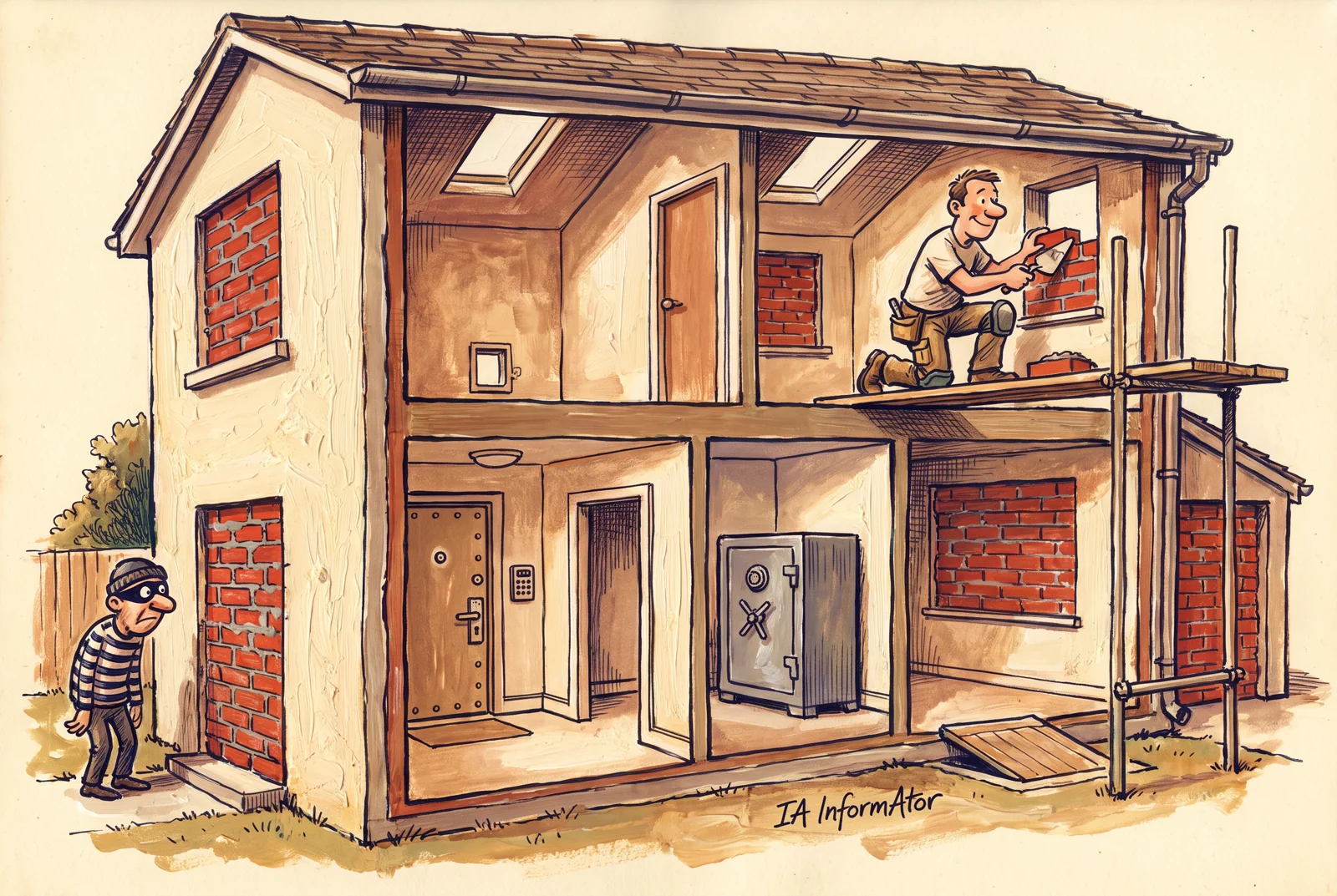 Il·lustració: una casa vista en secció, amb moltes finestres i portes ja tapiades amb maó nou; un paleta tanca des de la bastida un dels forats que sobren i a dins queda una sola porta blindada amb teclat, al costat de la caixa forta, mentre un lladre espera a fora sense saber per on entrar. Representa la idea de reduir la superfície d'atac: menys entrades, menys per on atacar.