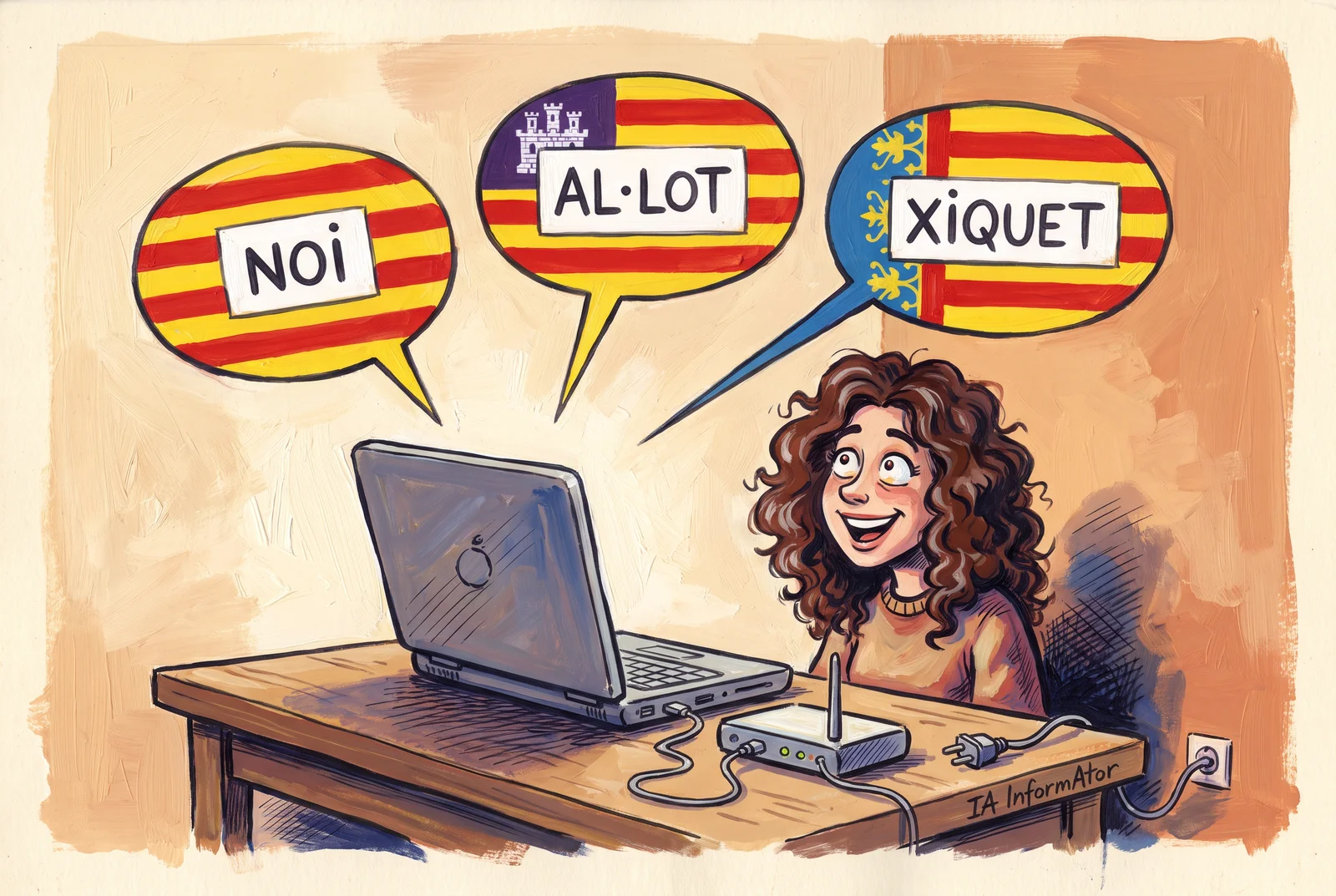 Una mujer sonríe ante su portátil, con el router desenchufado, mientras sobre ella flotan tres bocadillos con las banderas de Cataluña, Baleares y la Comunidad Valenciana y las palabras «noi», «al·lot» y «xiquet».