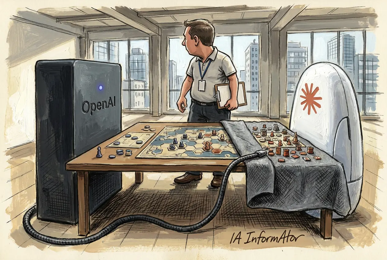 Viñeta: una mesa de torneo junto a unos ventanales con vistas a la ciudad. Sobre ella, un tablero de estrategia con casillas hexagonales y fichas. A la izquierda, una torre negra con la palabra OpenAI y un piloto azul encendido: su mitad del tablero está casi vacía de fichas. A la derecha, una carcasa blanca y redondeada con una estrella naranja de muchas puntas grabada en el costado: su mitad está llena de fichas apiñadas y la tapa un paño de fieltro gris, doblado hacia atrás y pisado por un cable grueso que sale de la torre negra y cruza por debajo de la mesa. De pie entre las dos, un árbitro con polo, acreditación al cuello y un portapapeles en blanco bajo el brazo mira hacia el lado contrario.