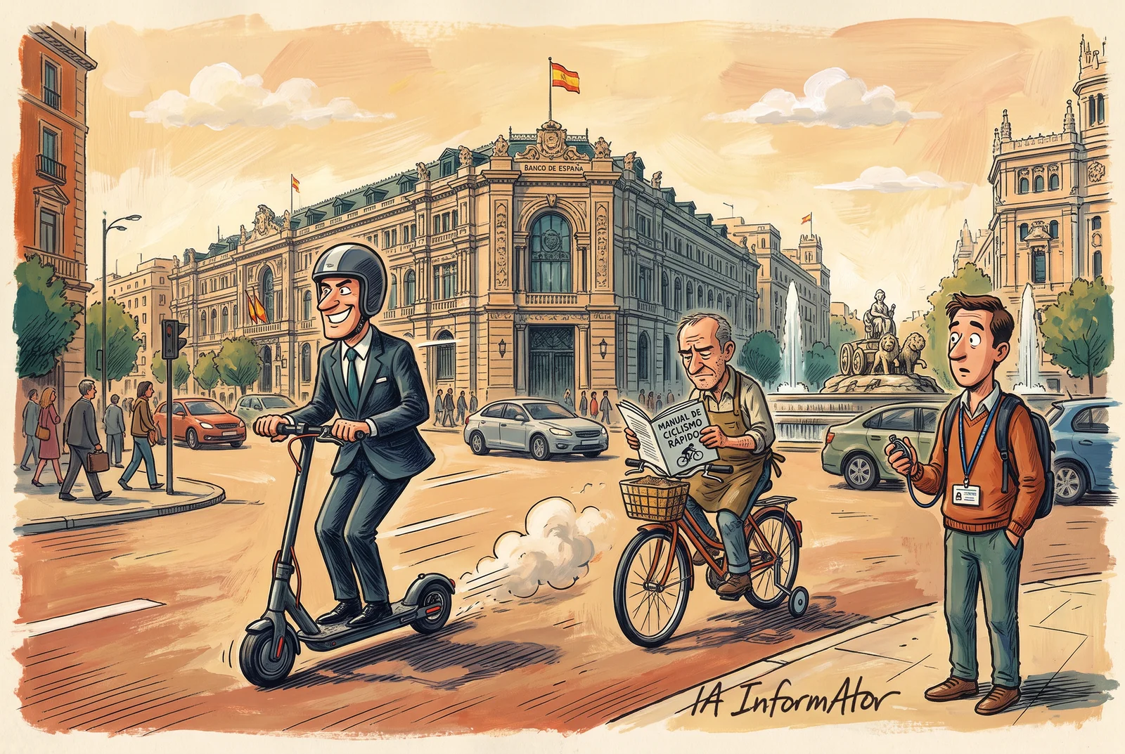 Ante la sede del Banco de España, junto a la fuente de Cibeles, en Madrid, un directivo con traje y casco pasa lanzado en patinete eléctrico mientras un tendero con delantal pedalea despacio en una bicicleta con ruedines leyendo un «Manual de ciclismo rápido»; en la acera, un joven con acreditación los mide con un cronómetro.