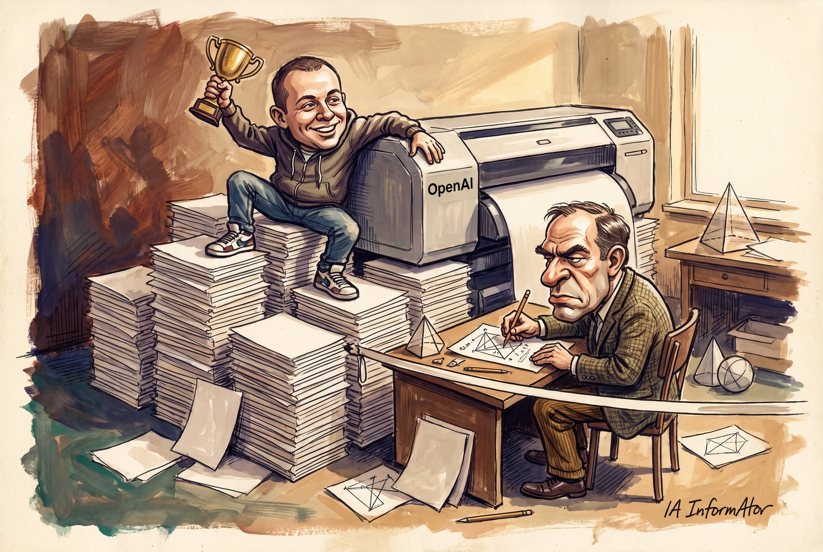 Viñeta: un hombre celebra con un trofeo junto a una impresora de OpenAI y pilas de papeles; otro revisa una figura geométrica tras una cinta de meta.