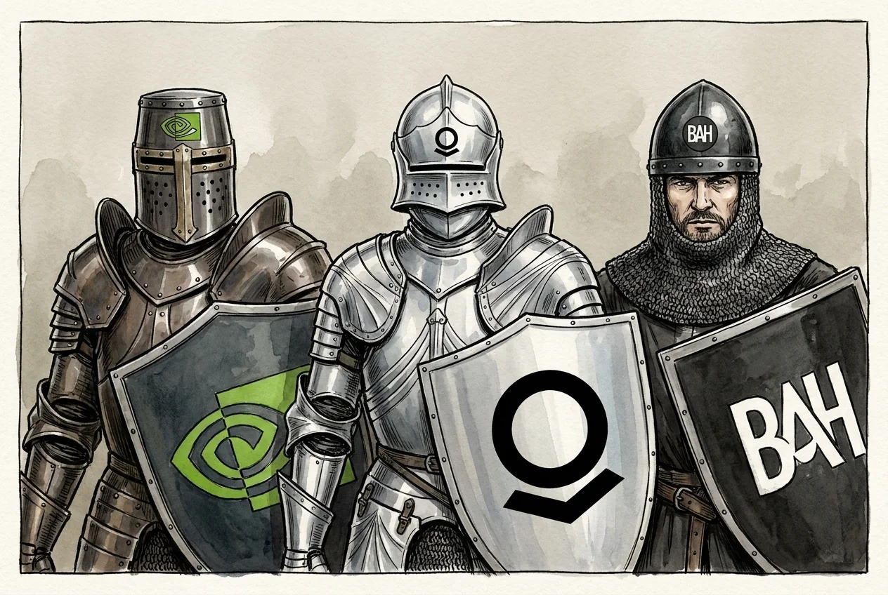 Tres caballeros con armadura, hombro con hombro, con el ojo verde de NVIDIA, el emblema circular negro de Palantir y las siglas BAH de Booz Allen Hamilton en sus escudos y yelmos.