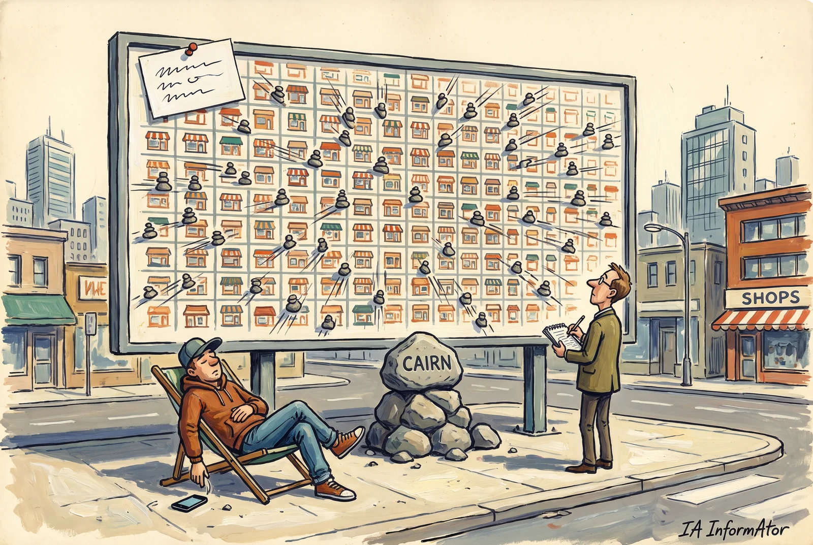 Ilustración: en una calle, el panel de control de un atacante aparece como una valla publicitaria gigante, a la vista de todos, con un mapa de cientos de escaparates de tiendas por el que avanzan pequeños montones de piedras; al pie, junto a un mojón con la palabra «Cairn», el atacante duerme en una tumbona y un investigador lo apunta todo desde la acera. Representa cómo NorForge pudo seguir la operación porque los paneles del atacante estaban abiertos.