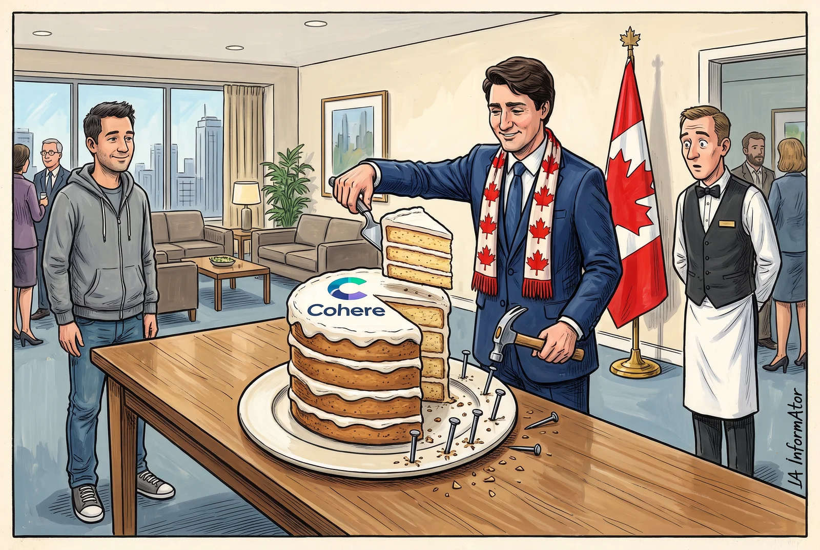 En un saló de recepcions, un home amb vestit i una bufanda amb fulles d'auró talla un tros d'un pastís amb el logo de Cohere i, amb un martell a l'altra mà, ha clavat el plat a la taula; al costat de la bandera del Canadà el miren un jove amb dessuadora, somrient, i un cambrer, perplex.