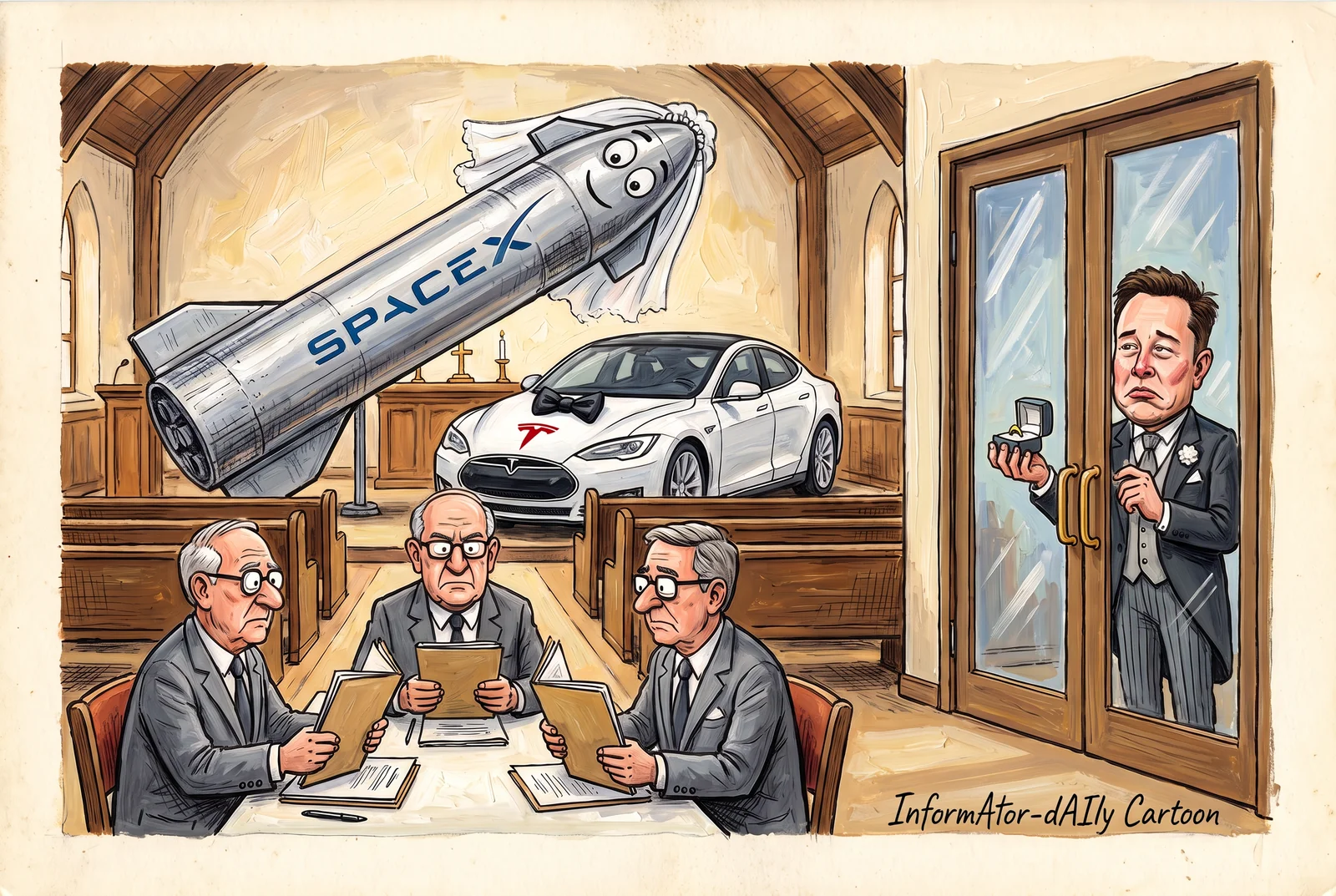 Cartoon: in a chapel, a rocket bearing the SpaceX logo and a bridal veil and a white Tesla in a bow tie wait at the altar, while three grey-suited directors deliberate over their folders at the officiant's table; on the other side of the glass door, Elon Musk, in a morning coat and holding the ring box, looks in from outside. It refers to the committees of independent directors studying a SpaceX-Tesla merger without him.