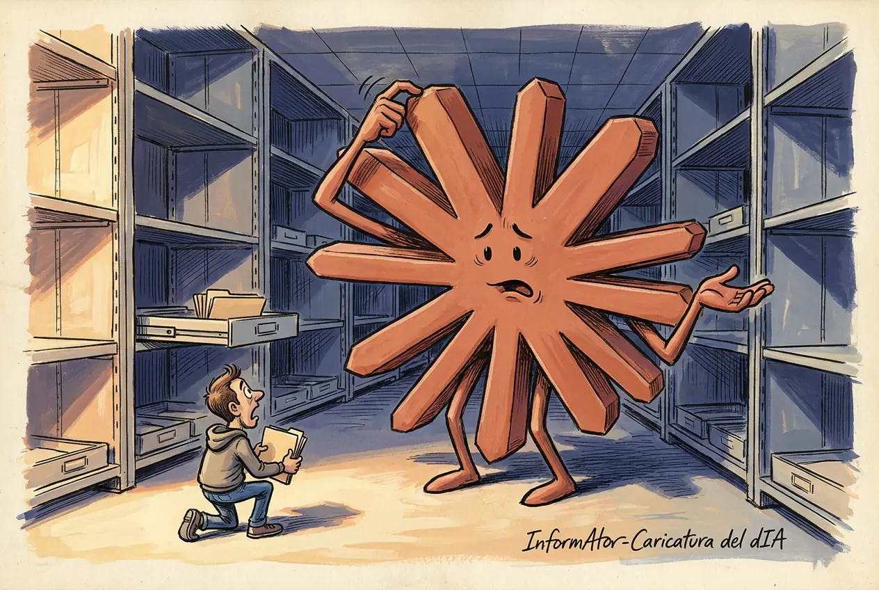 Viñeta: el pasillo de un archivo de oficina con las estanterías metálicas azules vacías hasta el fondo, baldas y baldas sin un solo papel y un cajón abierto del que asoman cuatro carpetas, las únicas que quedan. En el centro, enorme, una estrella naranja de muchas puntas convertida en personaje, con dos piernas flacas y dos brazos largos: tiene las cejas levantadas y la boca torcida en una mueca de apuro, se rasca una punta con una mano y abre la otra con la palma hacia arriba, encogiéndose de hombros. Abajo a la izquierda, mucho más pequeño, un hombre con sudadera y vaqueros, hincado sobre una rodilla, la mira con los ojos muy abiertos y la boca entreabierta sujetando con las dos manos la única carpeta que le queda.