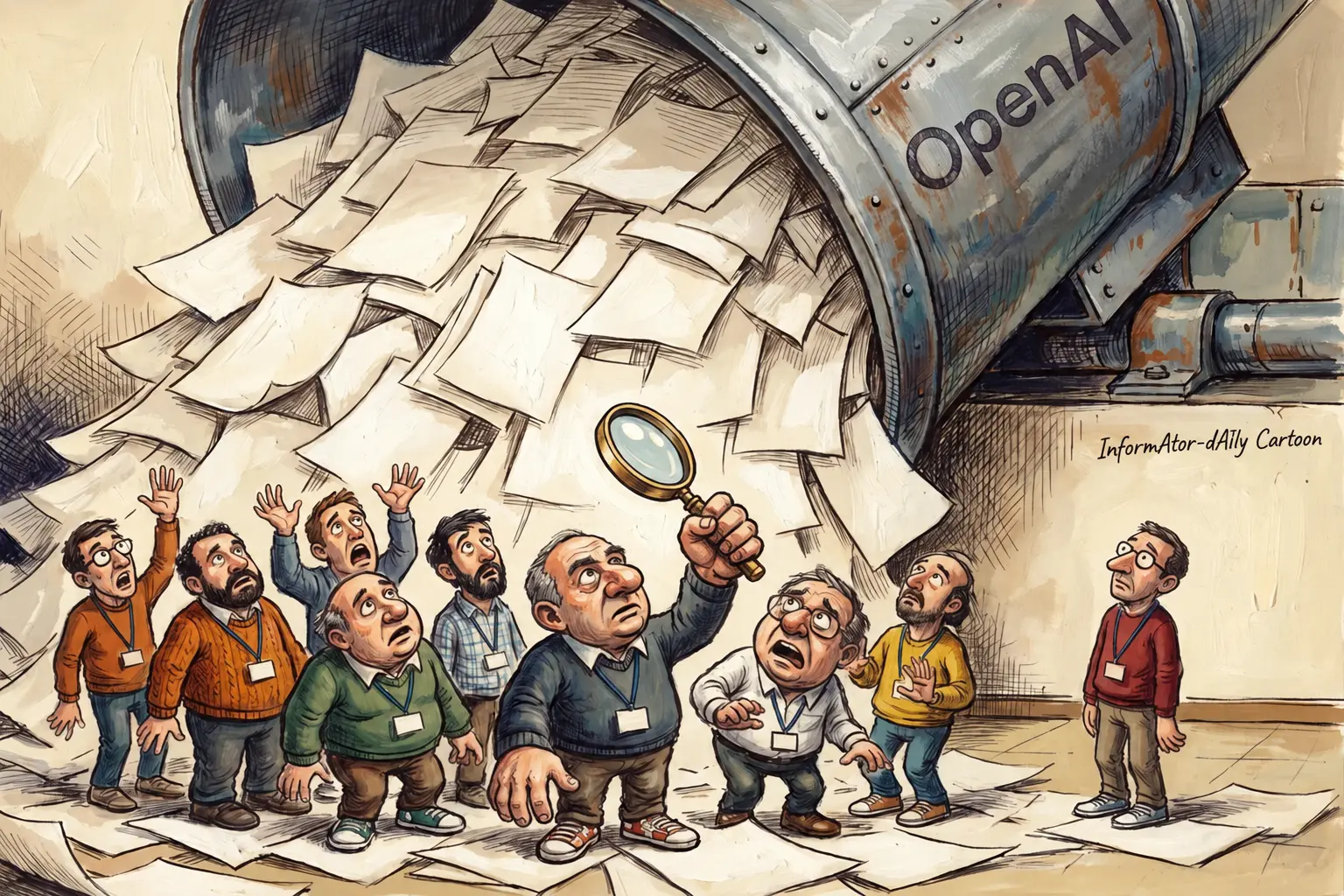 Cartoon: a huge machine labelled OpenAI pours an avalanche of manuscripts onto nine tiny mathematicians; one holds their only magnifying glass while the others look at the papers.