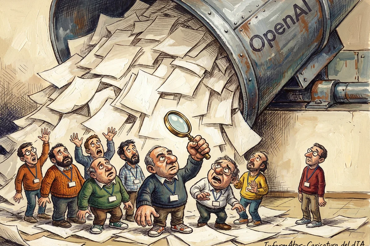 Viñeta: una gran máquina rotulada OpenAI descarga una avalancha de manuscritos sobre nueve matemáticos diminutos; uno sostiene la única lupa mientras los demás miran los papeles.