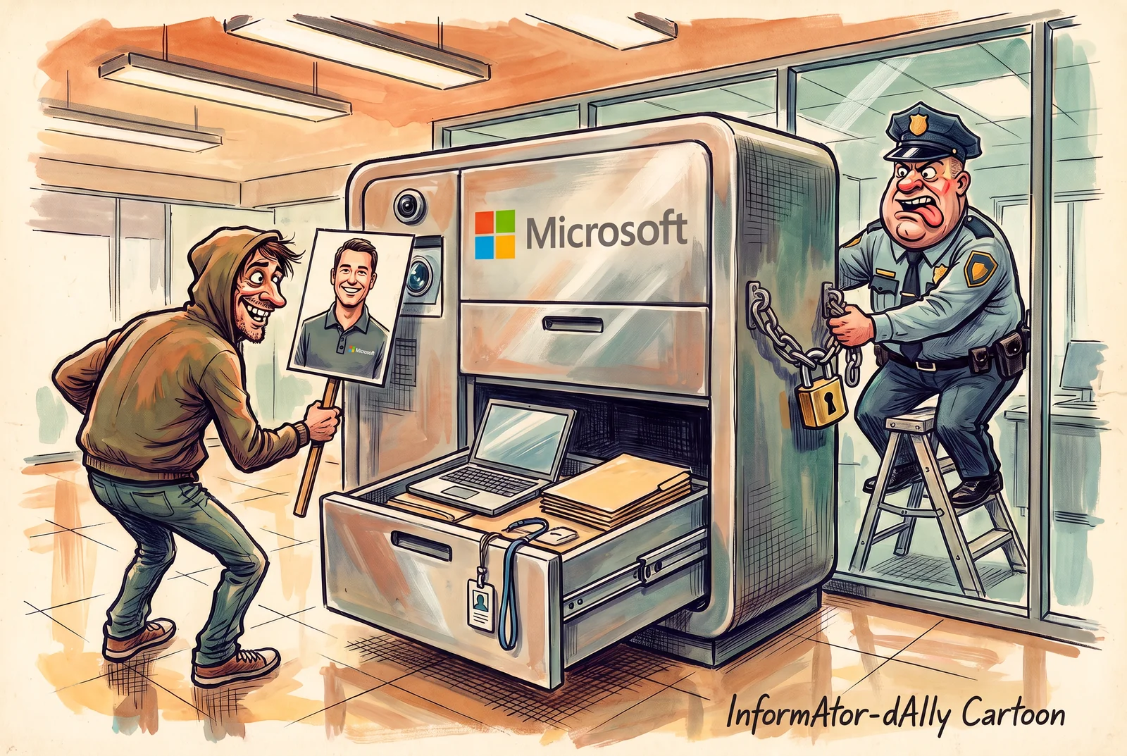 Cartoon: a man holds up a portrait to the scanner of a Microsoft cabinet with one drawer open, while a guard fastens a chain behind it.