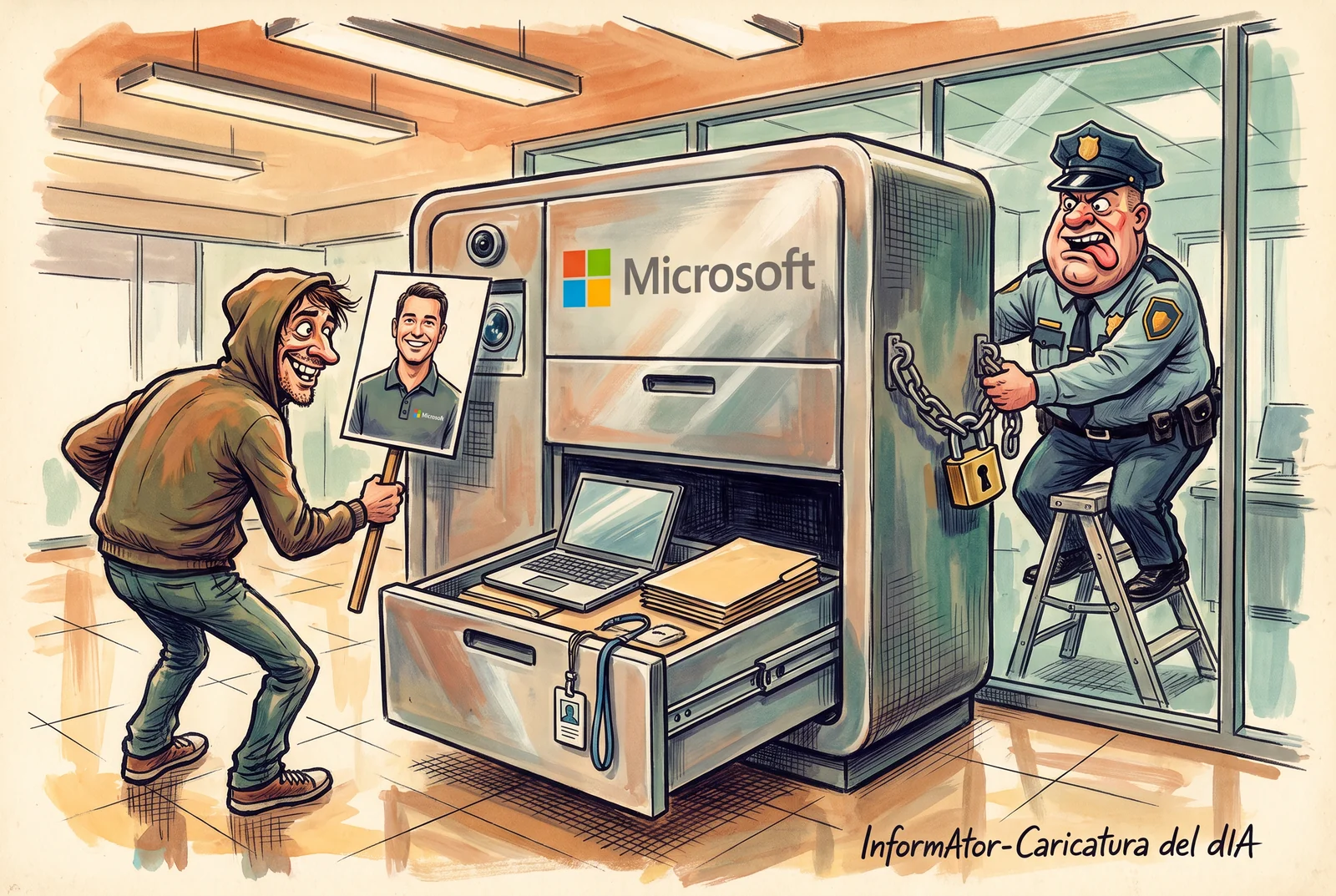 Vinyeta: un home mostra un retrat davant el lector d'un armari de Microsoft amb un calaix obert, mentre un vigilant hi posa una cadena al darrere.