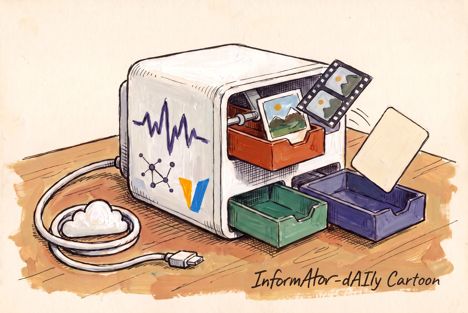 A machine has three trays containing a landscape photo, a film strip and a blank card; a cable loops around a small cloud and ends unplugged on the table.