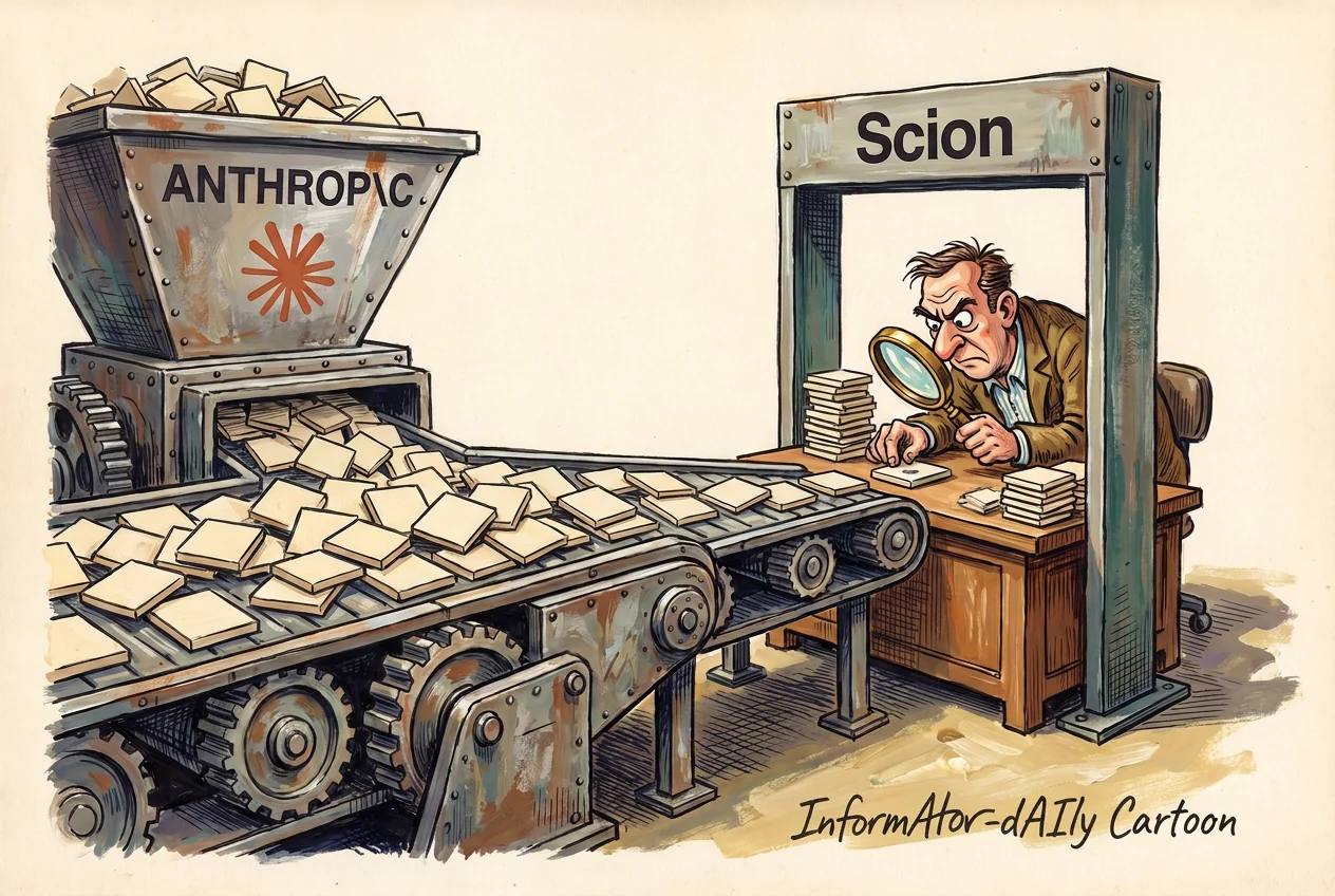 Cartoon of a man with a magnifying glass examining cards beside a conveyor belt connected to an Anthropic machine and a Scion arch.