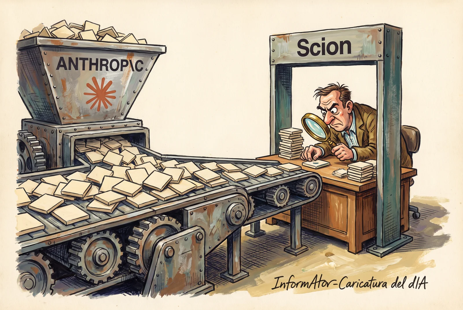Caricatura de un hombre con lupa que examina fichas junto a una cinta transportadora conectada a una máquina de Anthropic y un arco Scion.