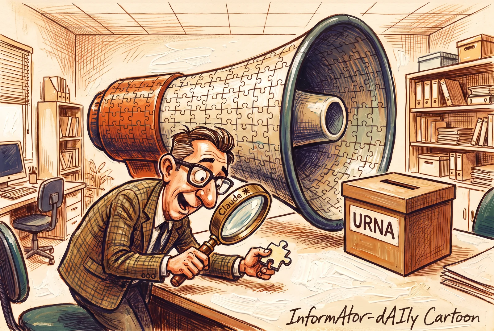 Cartoon: an inspector examines a harmless jigsaw piece through a magnifying glass; behind him, the finished puzzle forms a huge megaphone aimed at a ballot box.