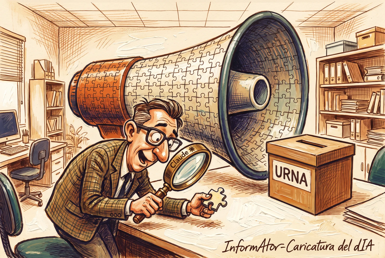 Caricatura: un inspector examina amb una lupa una peça de trencaclosques inofensiva; al darrere, el trencaclosques complet forma un enorme megàfon que apunta a una urna.