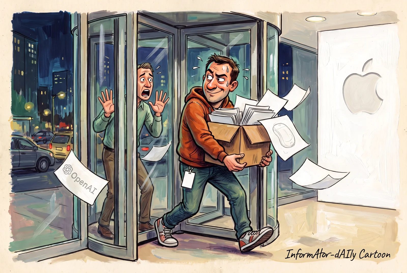 Cartoon: at night, an engineer hugging a box that sheds sheets of paper, one bearing the OpenAI logo, steps out of a revolving door towards a lobby with the Apple logo, while a colleague trapped behind the glass throws up his hands.