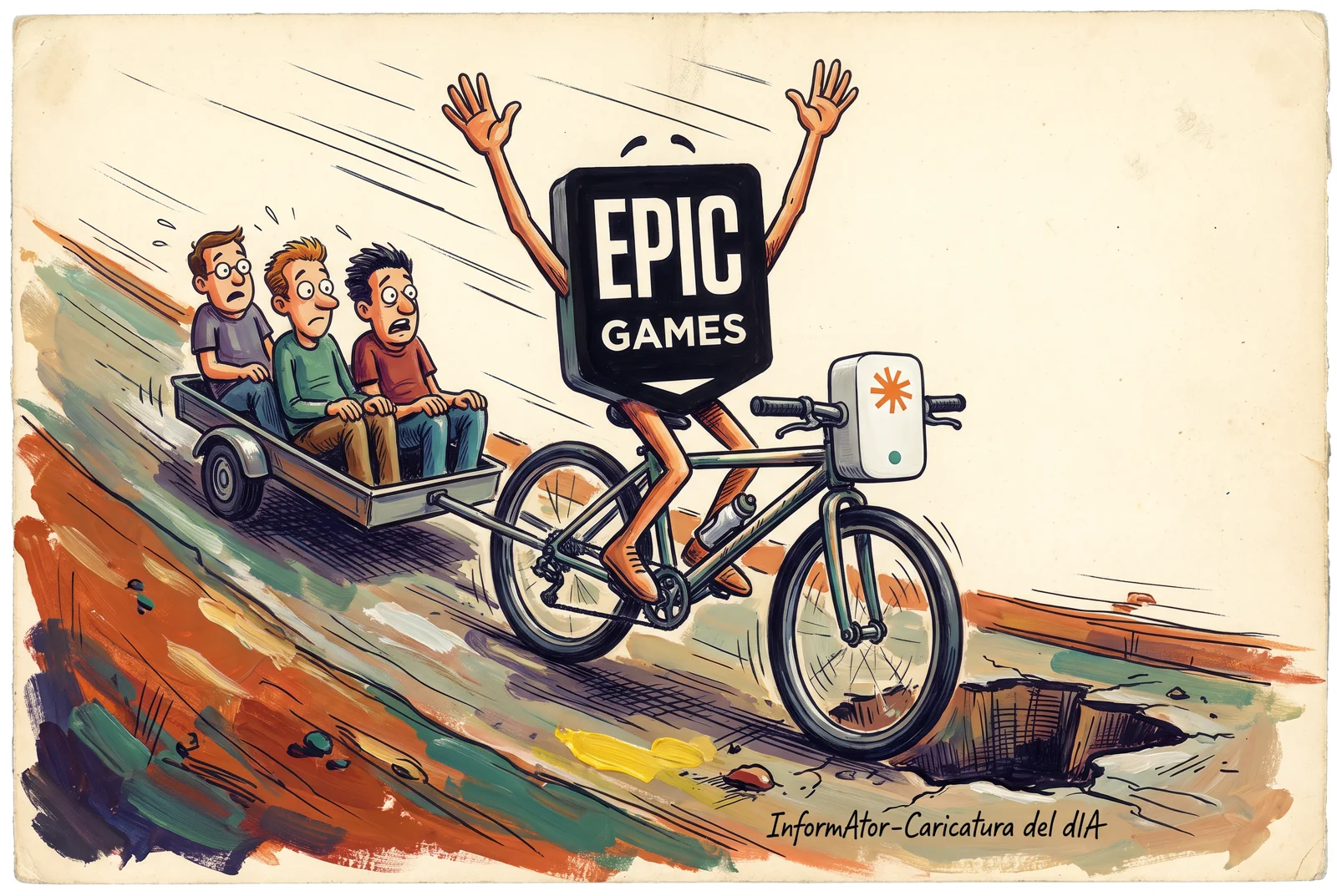 Caricatura: l'escut d'Epic Games, amb braços i cames, baixa una pujada en bicicleta amb els braços enlaire i sense tocar el manillar, on va encaixat un aparell blanc amb l'espurna de Claude; la roda davantera ja entra en un gran sot i, al remolc, tres programadors amb les mans quietes a la falda miren alarmats.