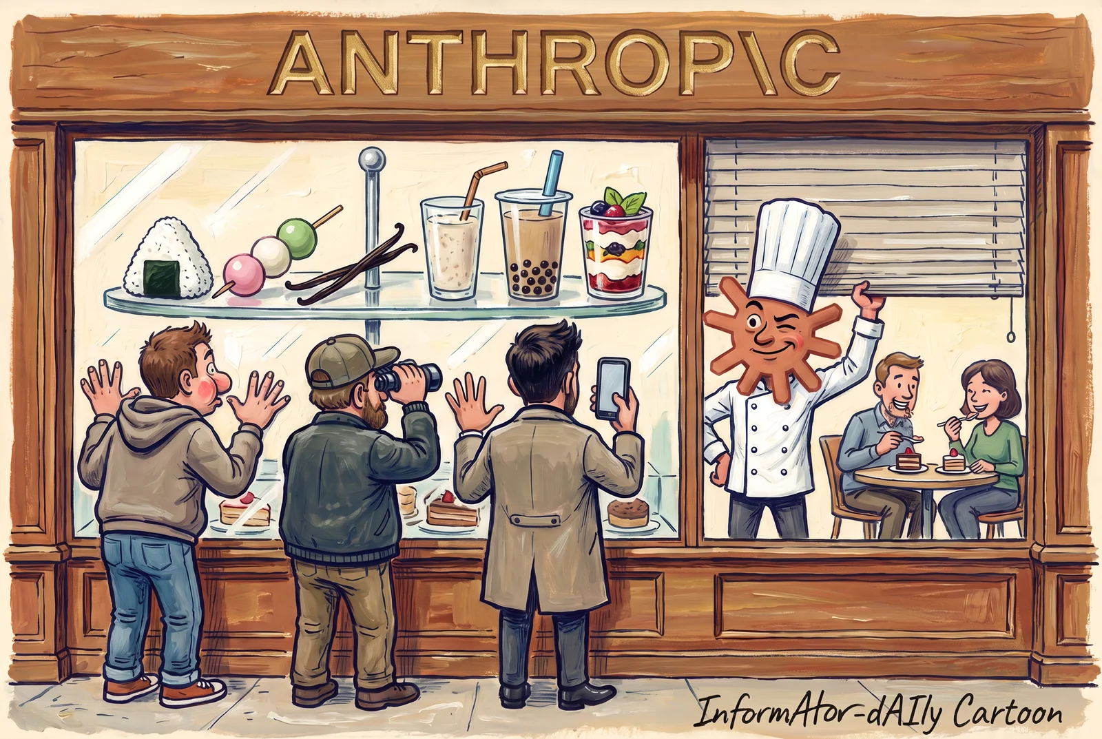 Cartoon: a pastry shop window under an Anthropic sign, with sweets on display; outside, three onlookers press their noses to the glass with binoculars and a phone; inside, a pastry chef shaped like the Claude spark winks as he lowers the blind while two customers eat calmly.