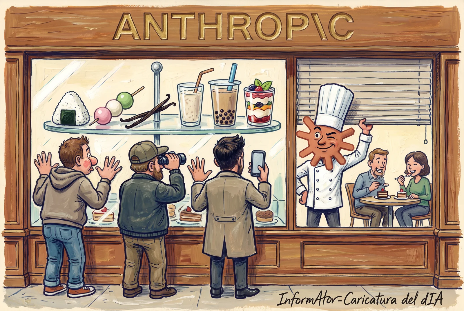 Caricatura: aparador d'una pastisseria amb el rètol d'Anthropic i dolços a la vitrina; fora, tres curiosos enganxen el nas al vidre amb prismàtics i un mòbil; dins, el pastisser amb forma de l'espurna de Claude abaixa la persiana fent l'ullet mentre dos clients mengen tranquils.